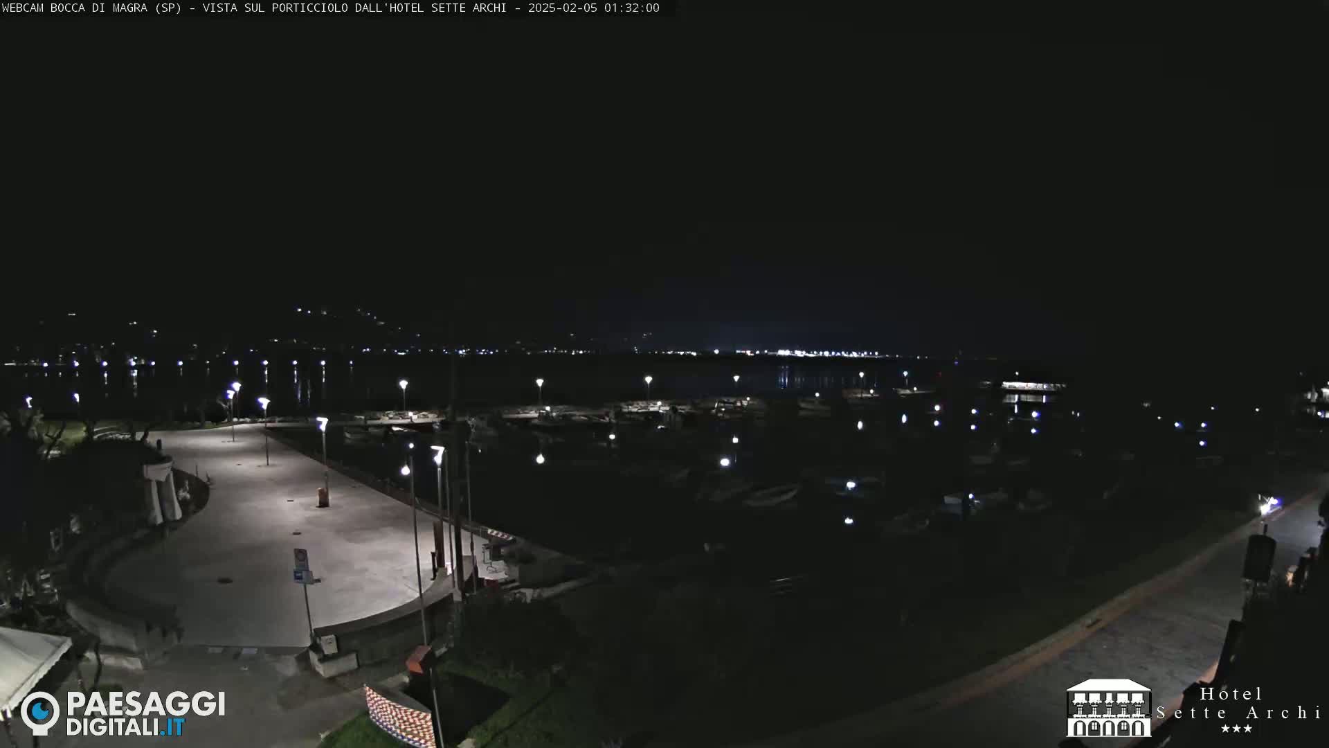 A nighttime view of a marina with boats docked, a paved waterfront area, and streetlights illuminating the scene.
