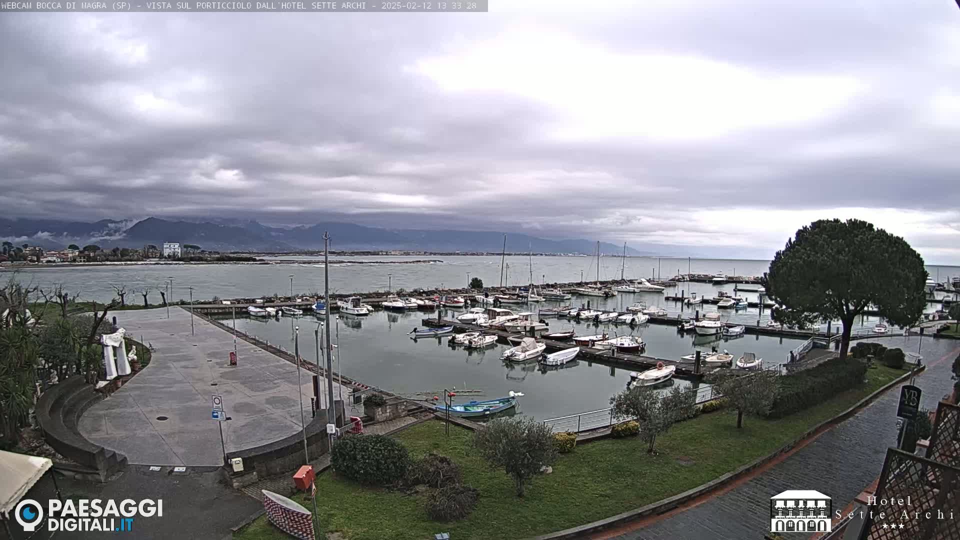 A marina filled with numerous boats is situated near a paved plaza, overlooking calm water and distant mountains under an overcast sky.