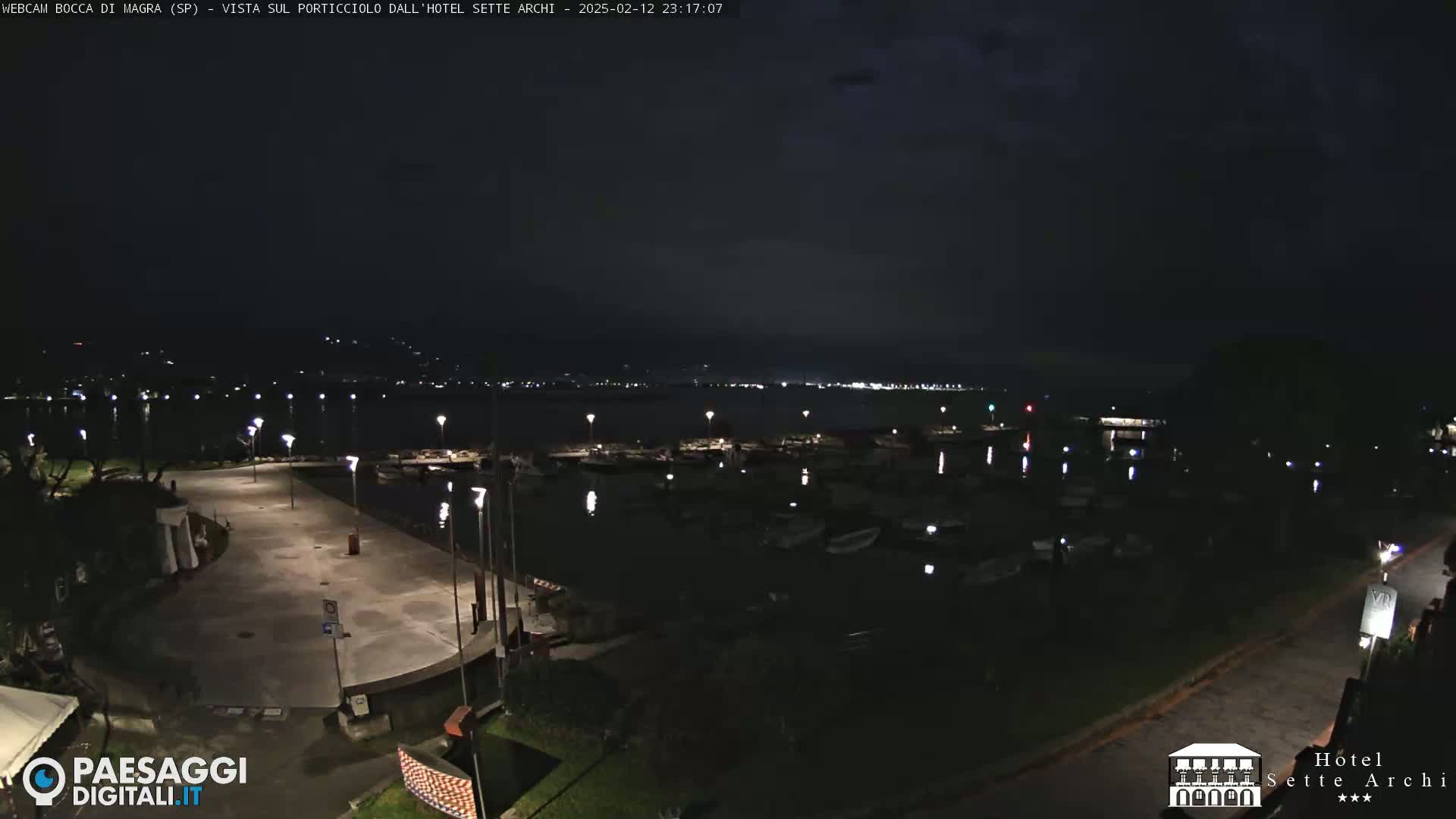 A nighttime view of a harbor filled with boats, a paved walkway, and dimly lit surrounding areas under a dark sky.