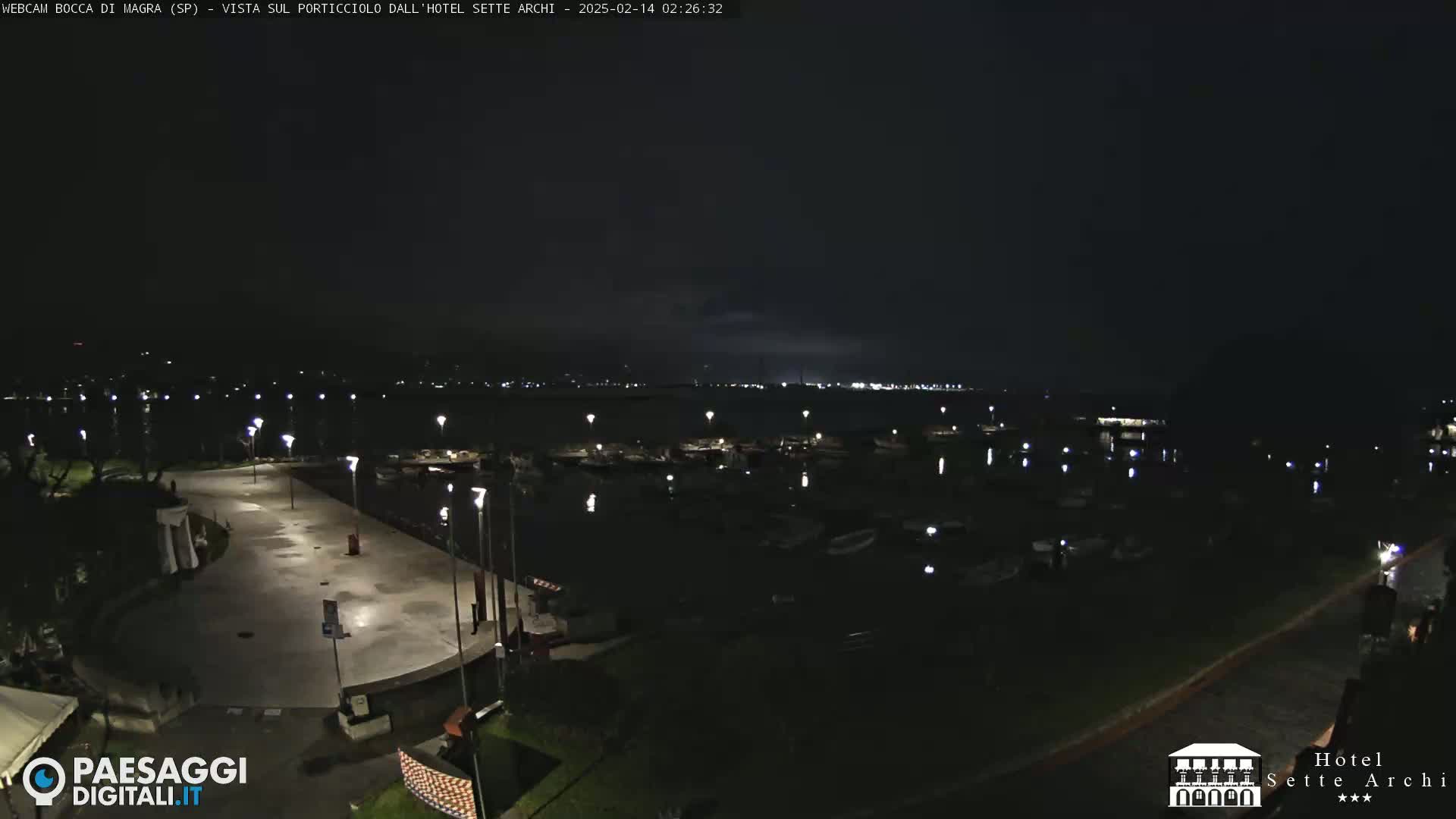 A nighttime view of a harbor with boats docked, a paved area with lights, and a dark body of water extending to a dimly lit shoreline under a cloudy sky.