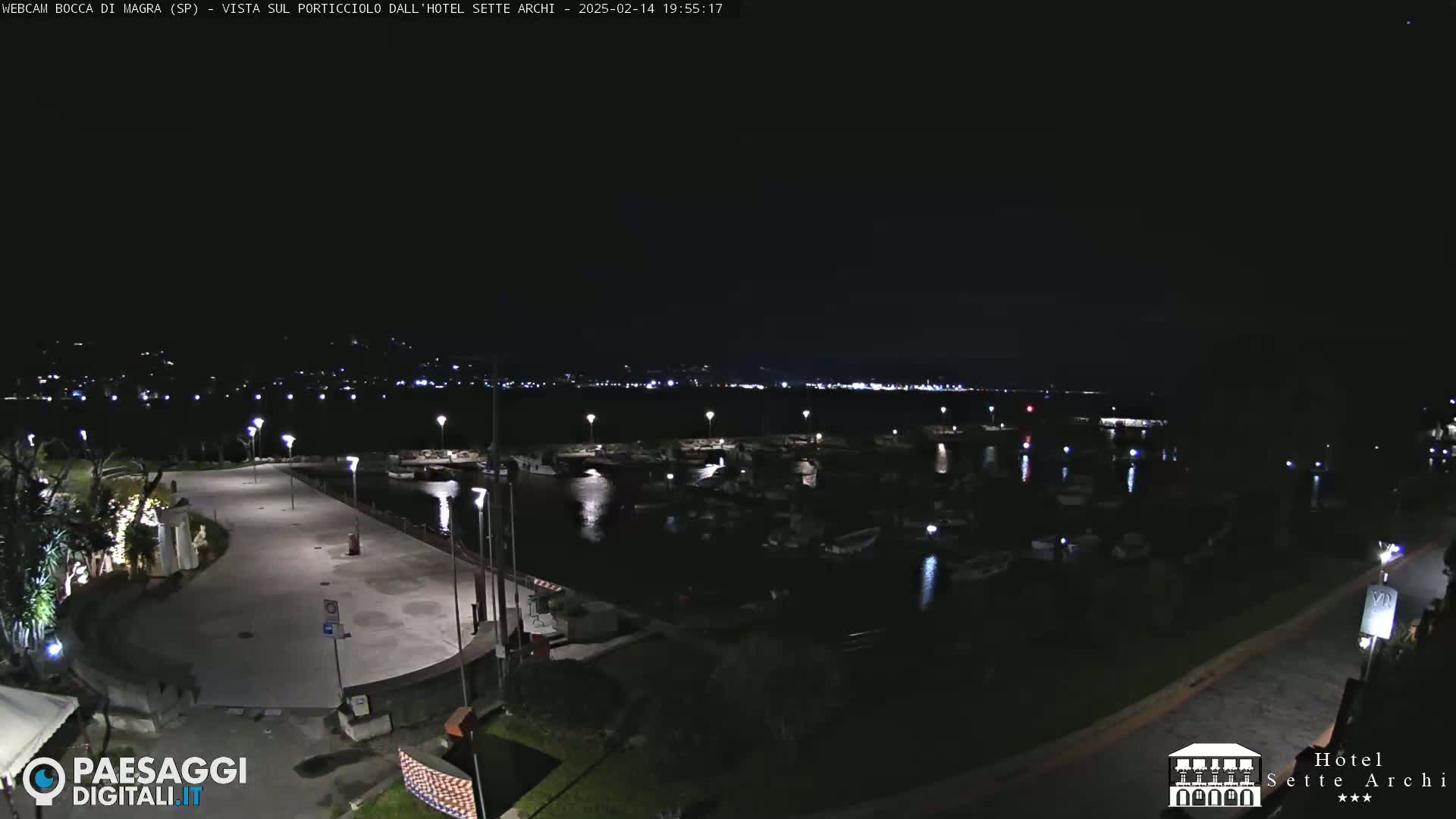 A nighttime view of a harbor filled with boats, a paved area with lights, and a dark shoreline with distant lights.