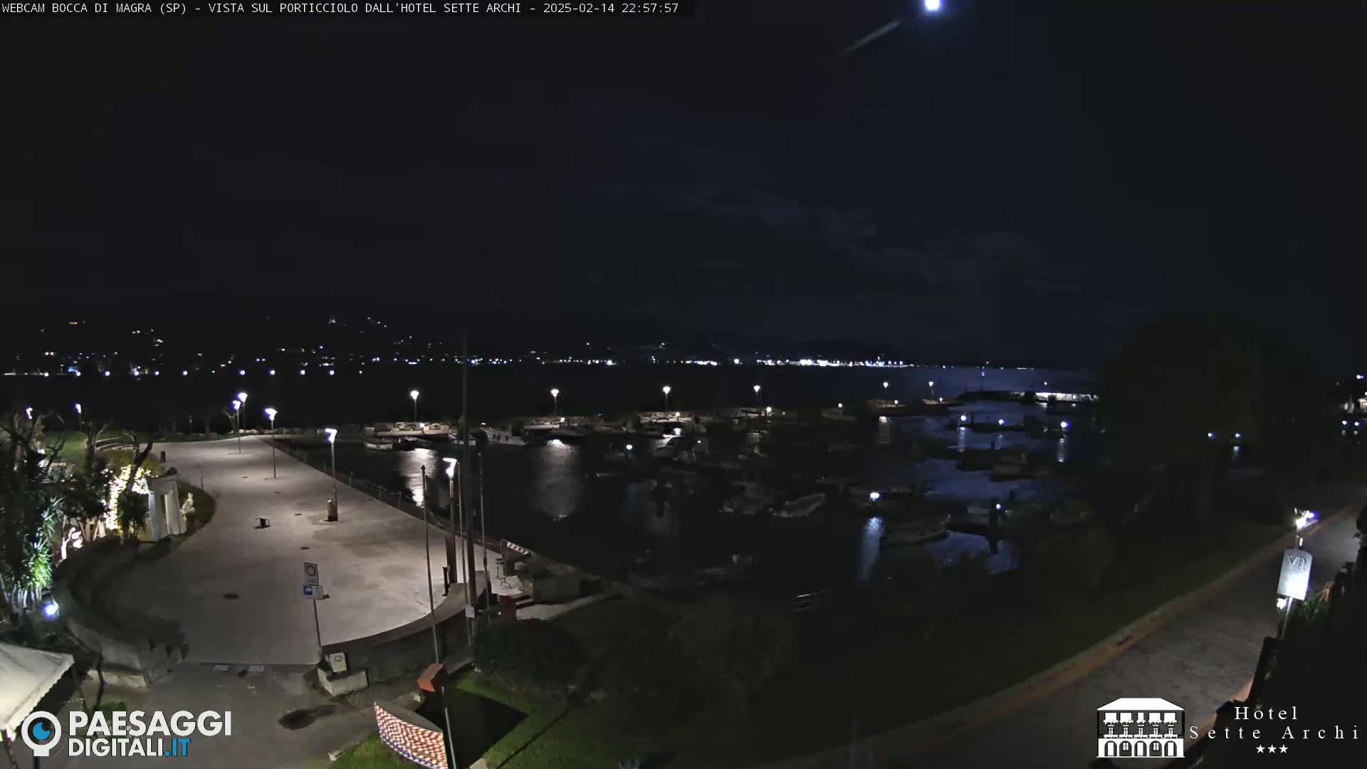 A nighttime view of a harbor filled with boats, a paved area, and dimly lit buildings under a clear, dark sky.