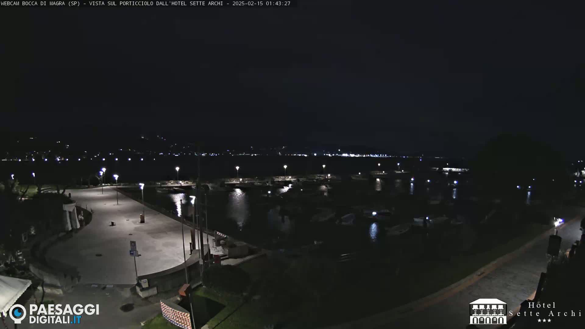 A nighttime view of a harbor filled with boats, a paved waterfront area, and distant city lights under a dark sky.