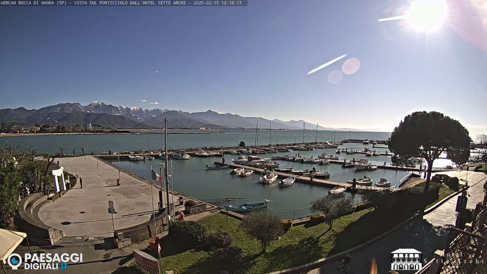 A sunny day overlooking a harbor filled with numerous boats, with snow-capped mountains in the distance.