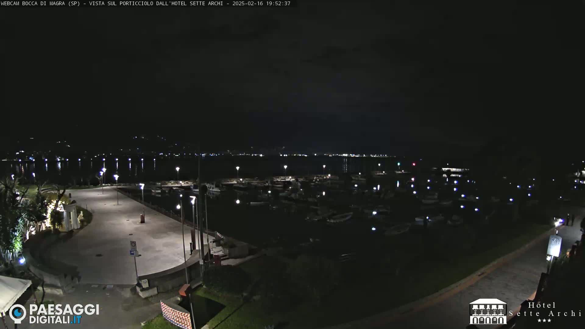 A nighttime view of a harbor filled with boats, a paved waterfront area with lights, and a dark shoreline beyond.