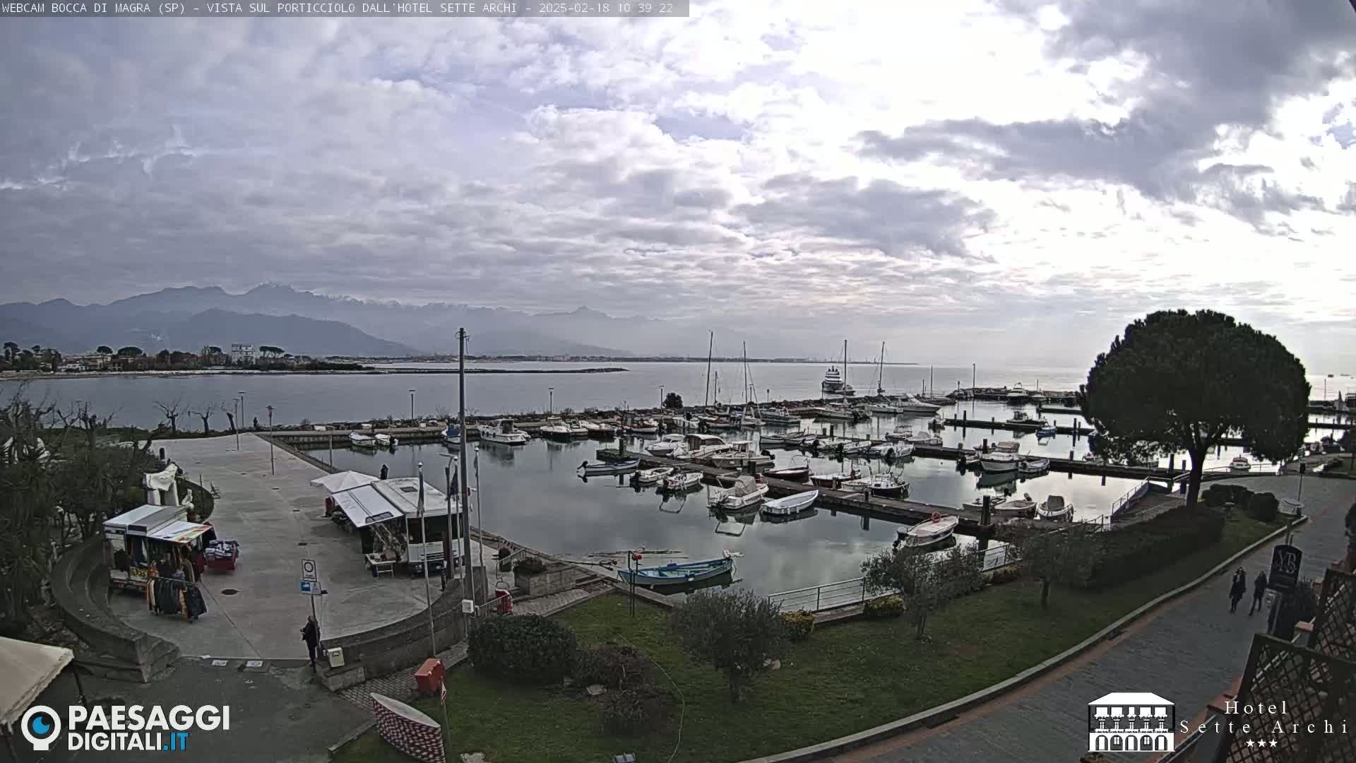 A marina filled with numerous boats is seen under a cloudy sky, with mountains visible in the distance.