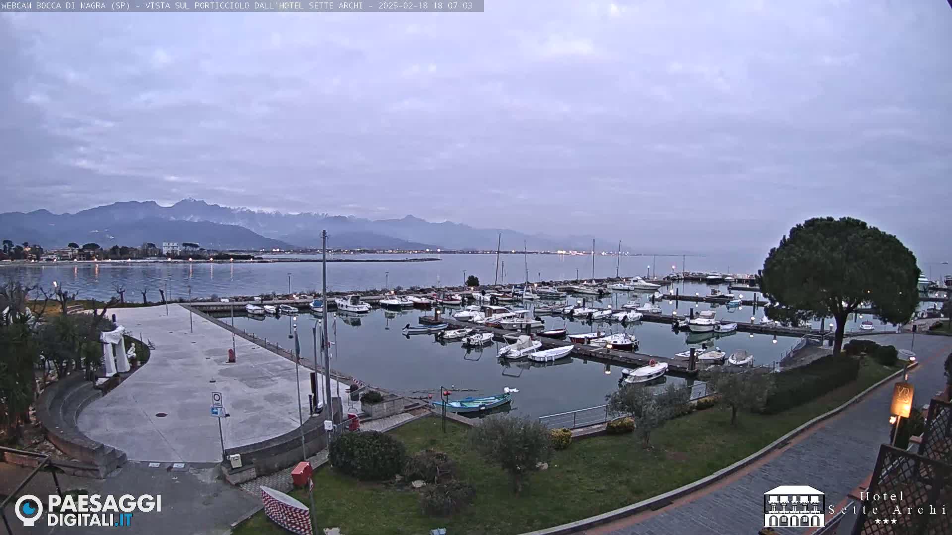 A marina filled with boats is situated near a calm body of water, under an overcast sky, with mountains visible in the distance.