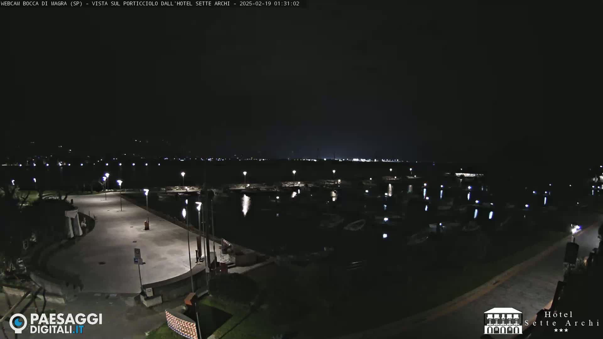 A nighttime view of a marina filled with boats, a paved waterfront area with lights, and surrounding dark land.