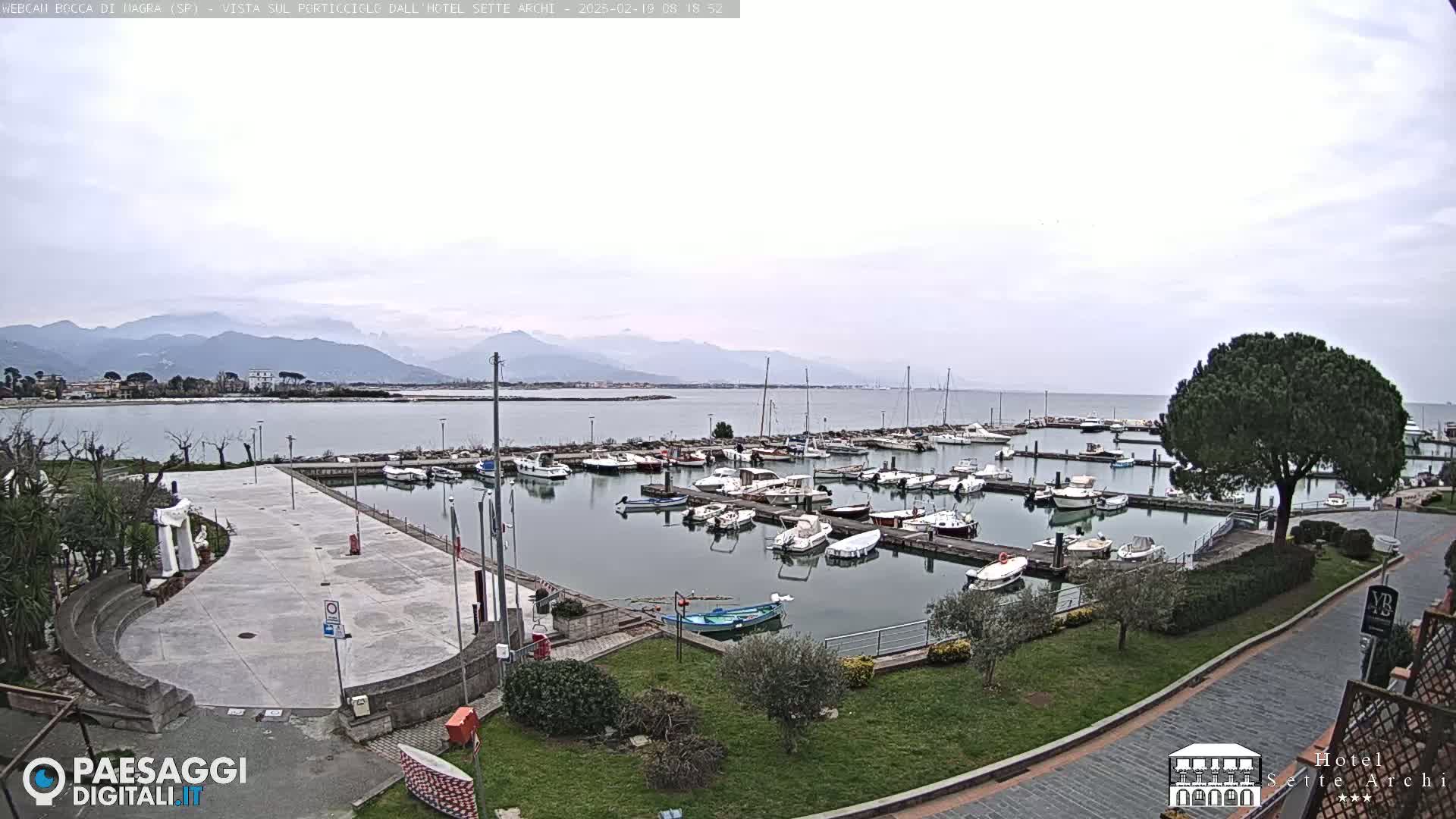 A marina filled with boats is seen from an elevated vantage point, overlooking a calm body of water under an overcast sky and distant mountains.