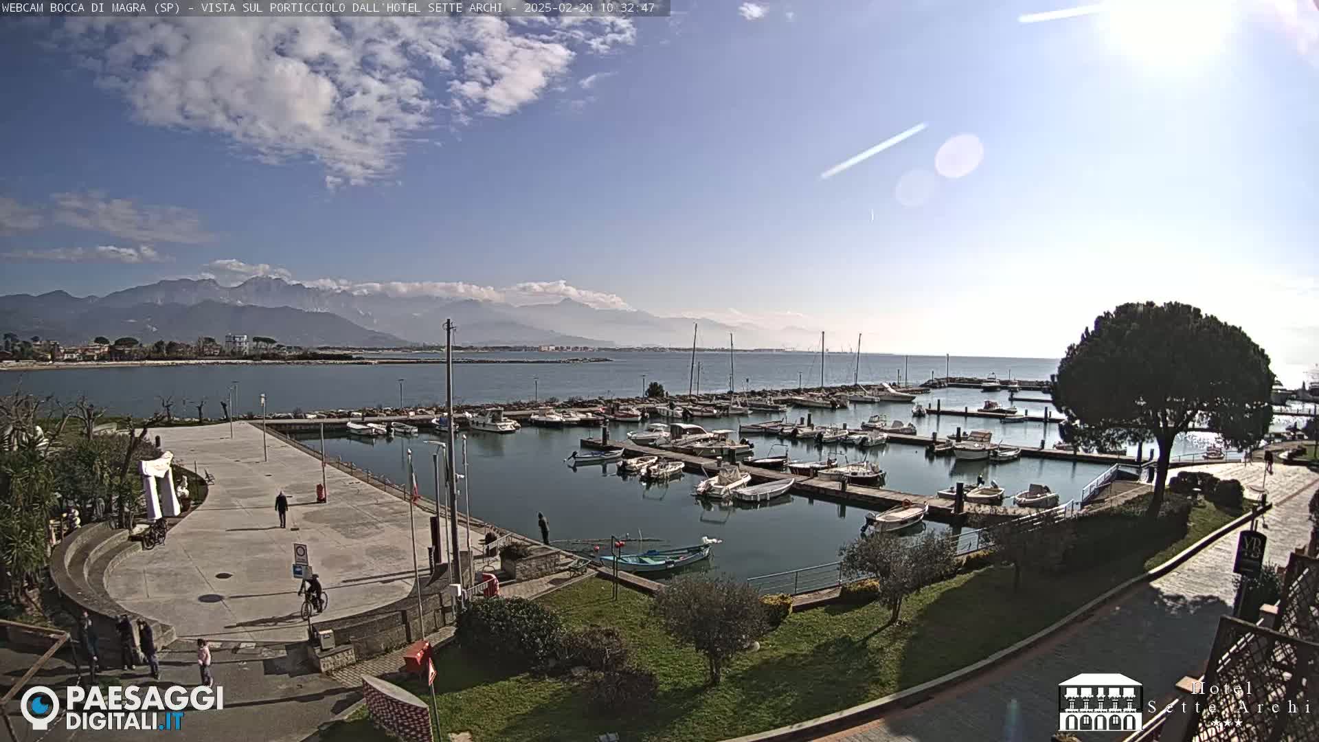 A marina filled with boats is situated near a paved walkway and green landscaping, all overlooking a calm body of water with mountains in the background under a mostly sunny sky.