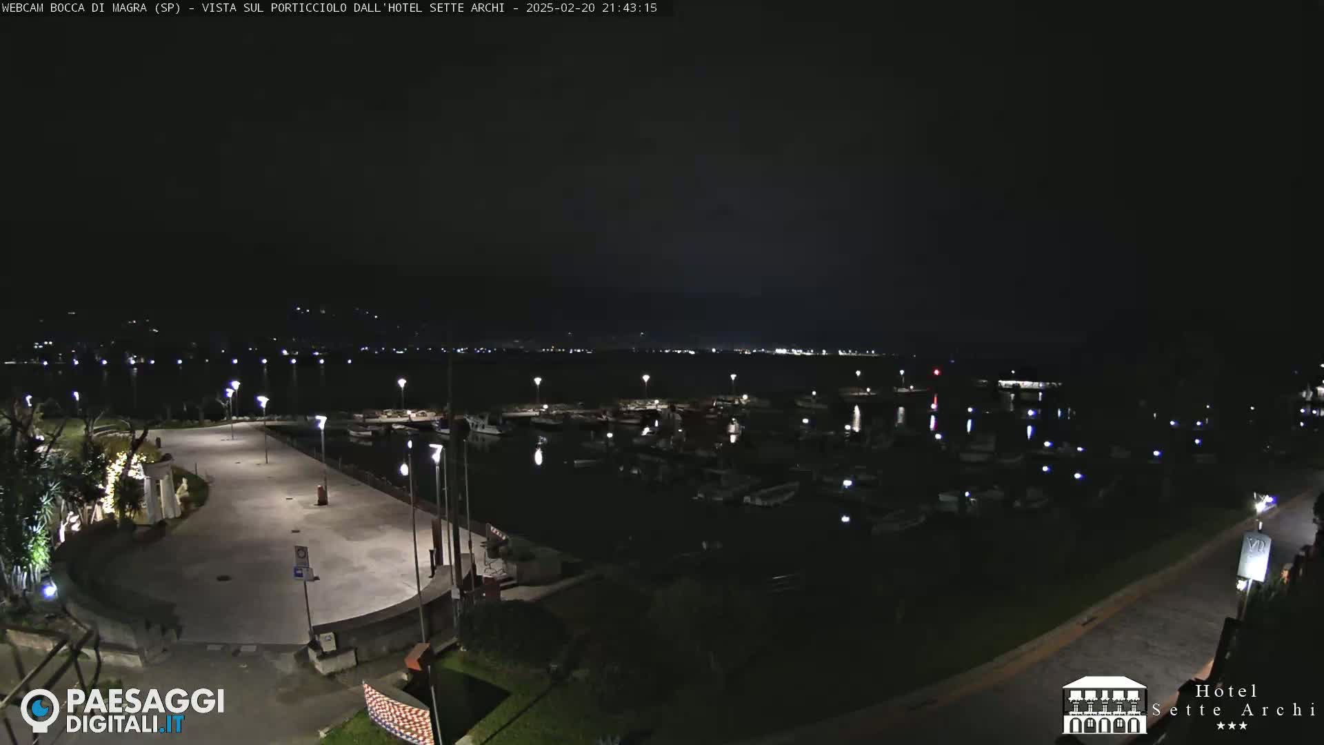 A nighttime view of a marina filled with boats, a paved walkway with lights, and a dark body of water beyond.