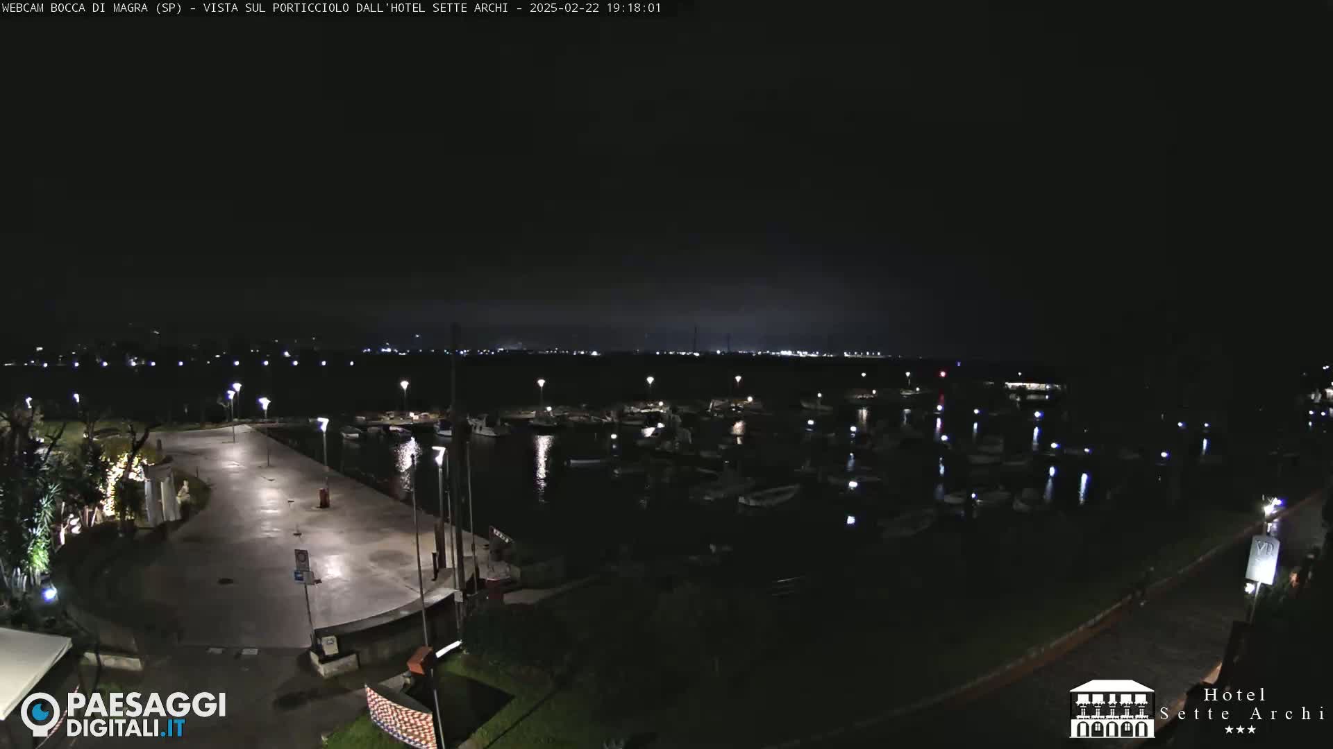 A nighttime view of a harbor filled with boats, adjacent to a paved area with lights, under a dark, clear sky.