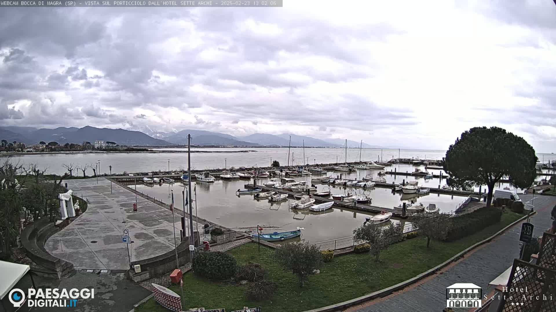 A marina filled with numerous boats is situated beside a paved area and grassy lawn, overlooking a calm body of water and distant mountains under a cloudy sky.