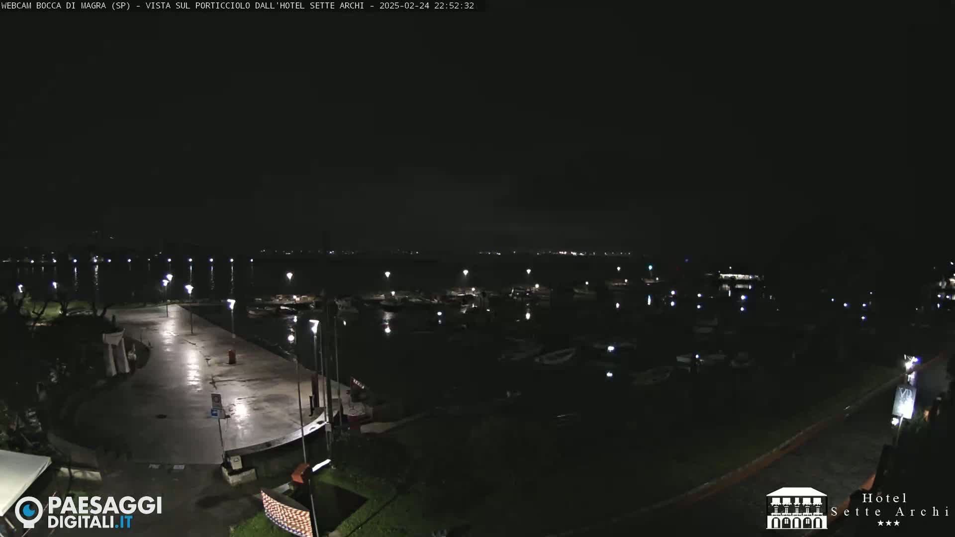 A nighttime view of a harbor with boats and a paved waterfront area under a dark, clear sky.