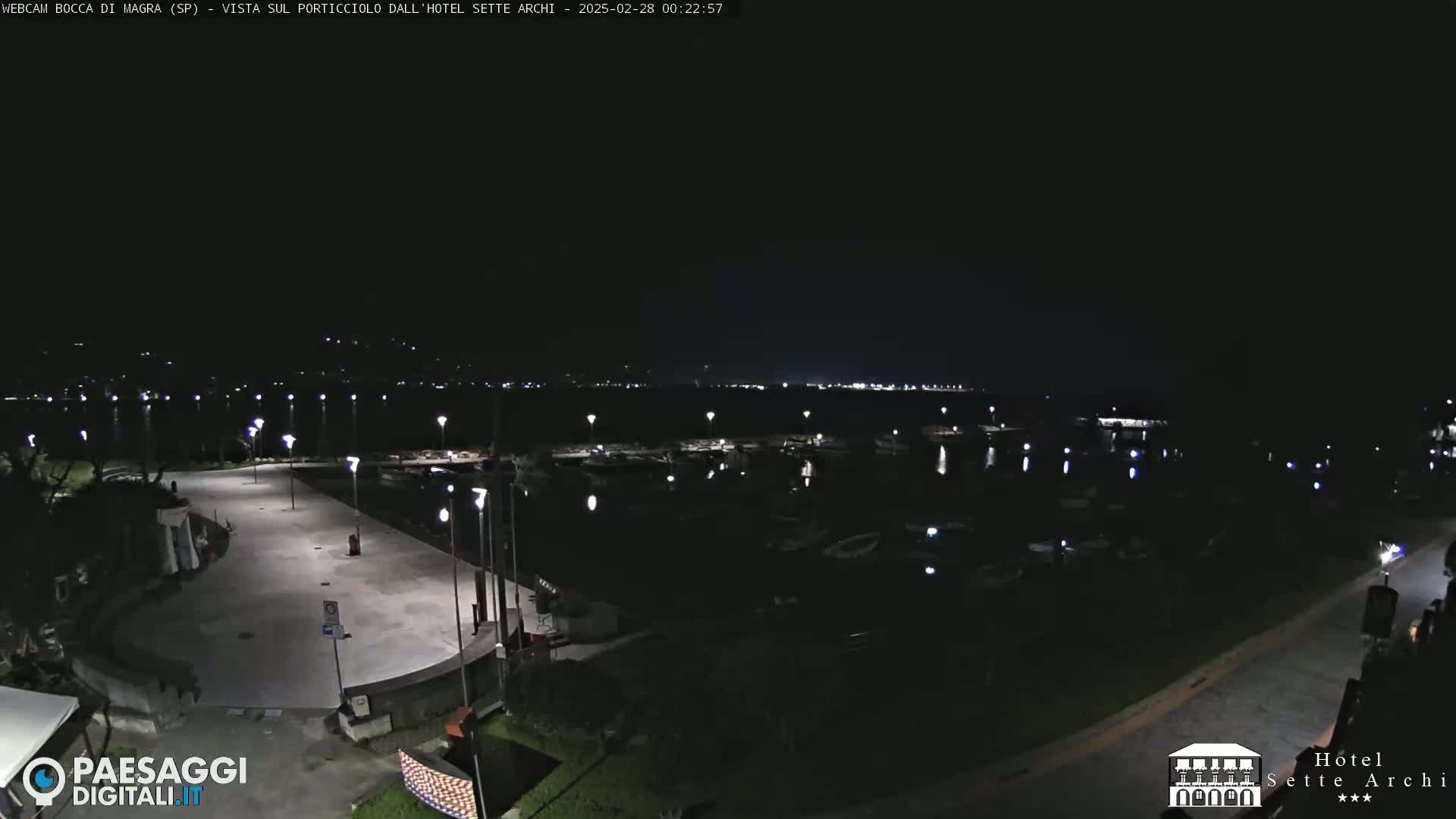 A nighttime view of a marina with boats docked, a paved area with lights, and a dark body of water in the background.
