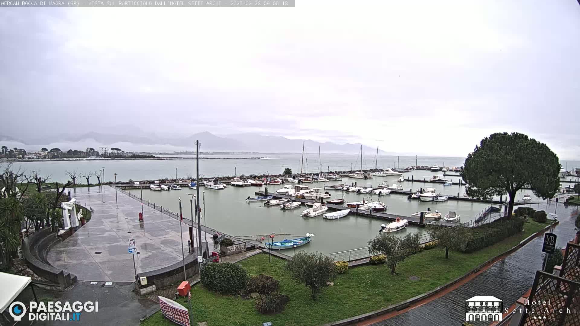 A wet, paved plaza overlooks a marina filled with numerous boats, all under an overcast sky with distant mountains visible.