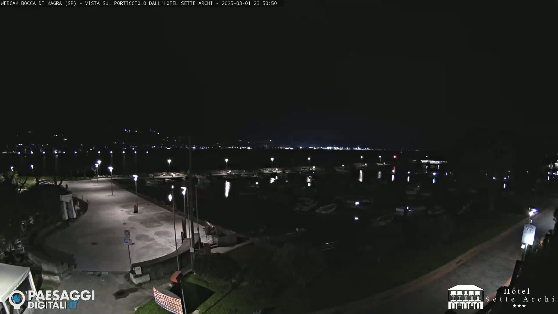 A nighttime view of a harbor filled with boats, a paved area with lights, and a dimly lit shoreline.