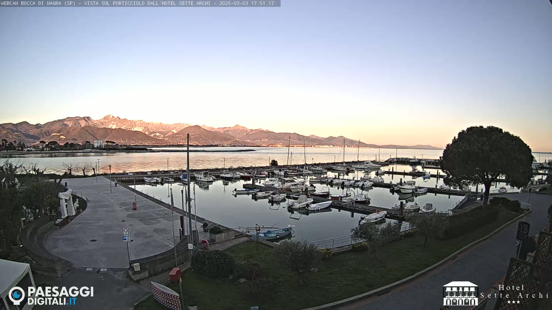 A calm harbor filled with numerous boats is situated before a body of water, with mountains visible in the distance under a clear, twilight sky.