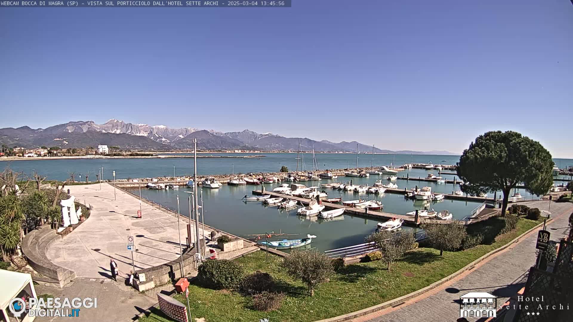 A marina filled with boats sits beside a paved plaza, with a clear blue sky and snow-capped mountains in the background.