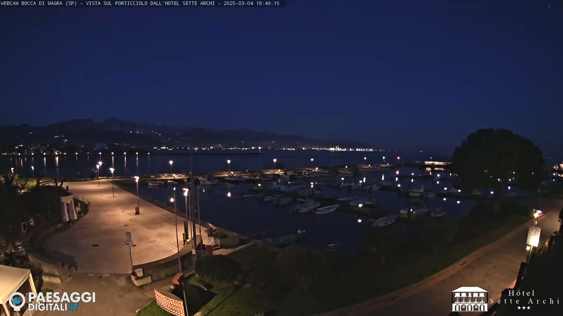 A nighttime view of a harbor filled with boats, a paved waterfront area with lights, and a dark, mountainous background under a clear, dark blue sky.