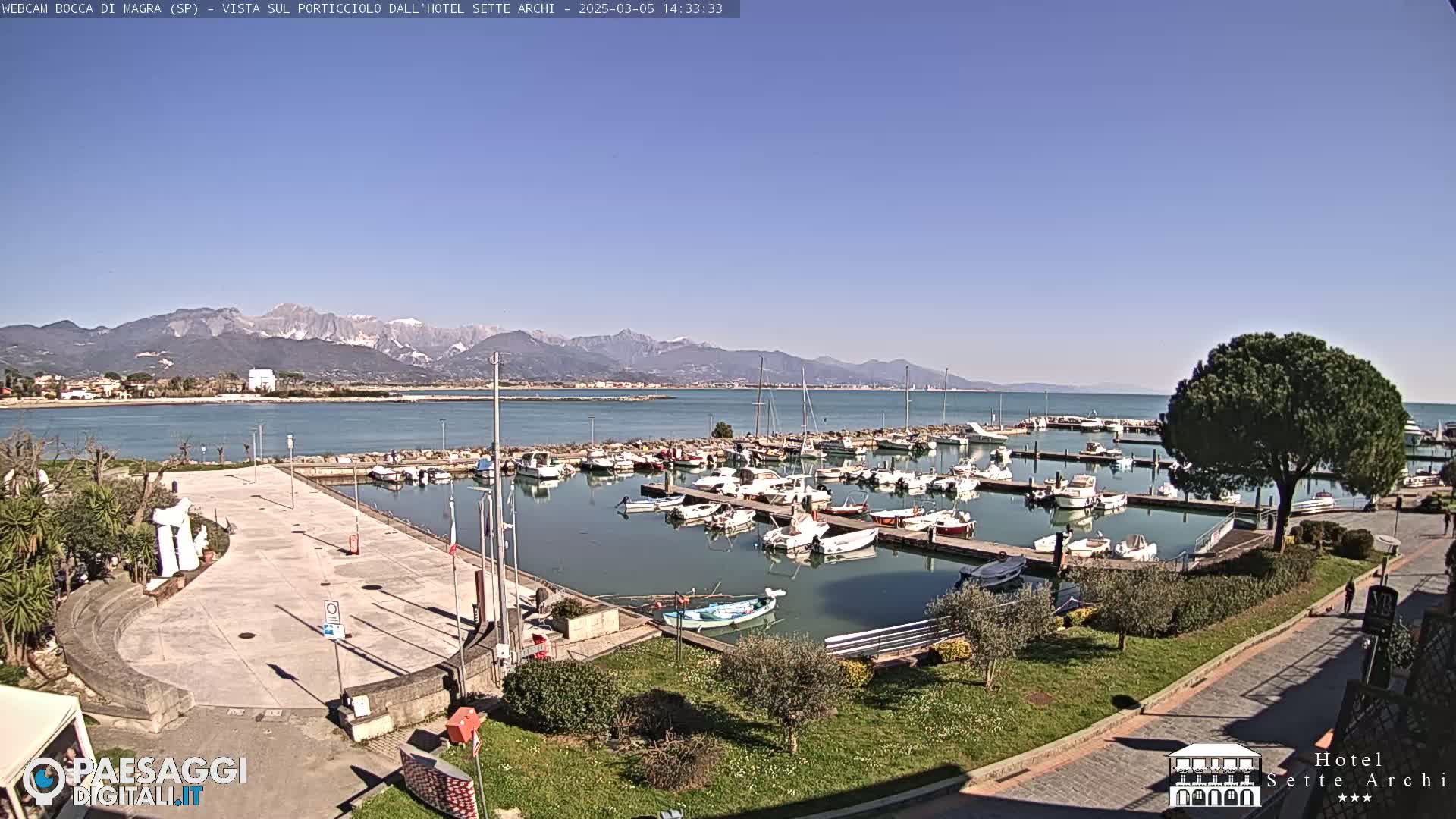 A marina filled with numerous boats is situated by a calm body of water under a clear blue sky, with snow-capped mountains visible in the distance.