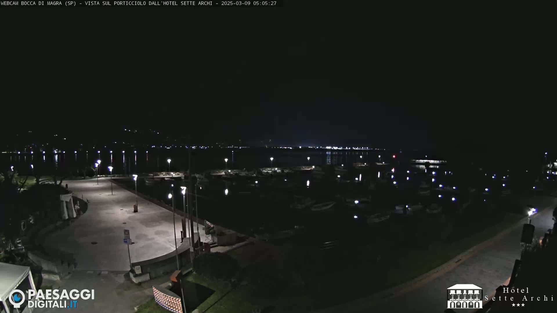 A nighttime view of a harbor filled with boats, a paved waterfront area, and distant lights across the water.