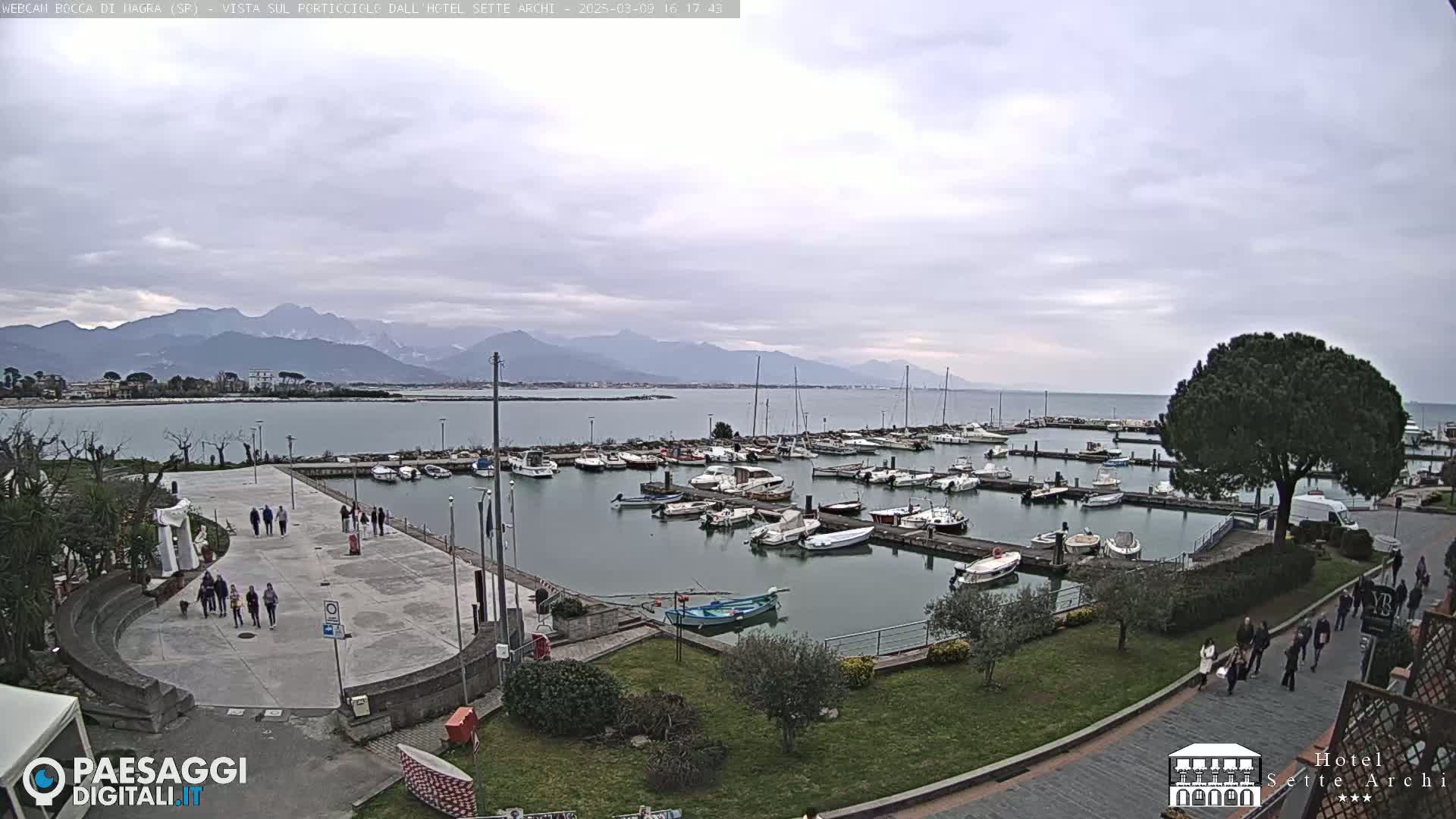 A harbor filled with boats is shown on an overcast day, with mountains visible in the distance.