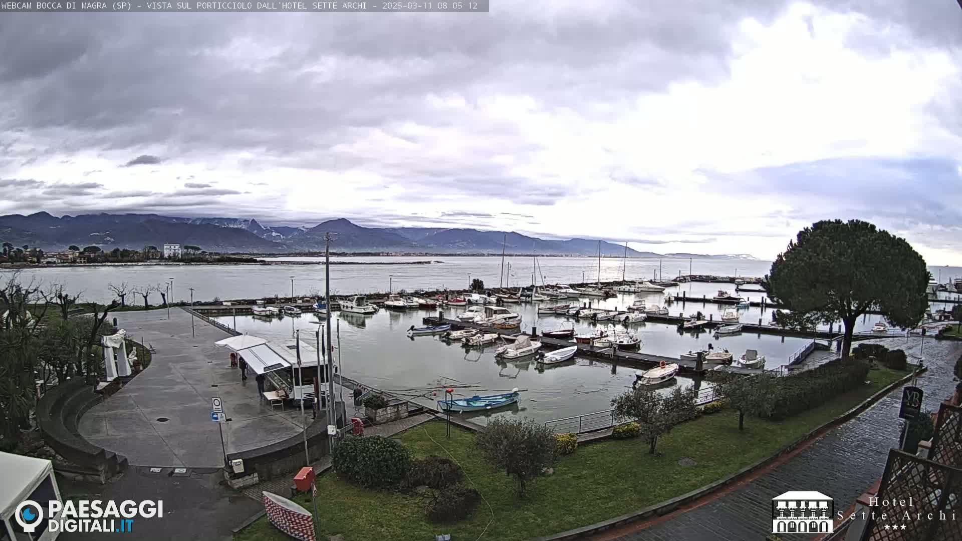 A marina filled with boats is shown under an overcast sky, with mountains in the distance showing hints of snow.
