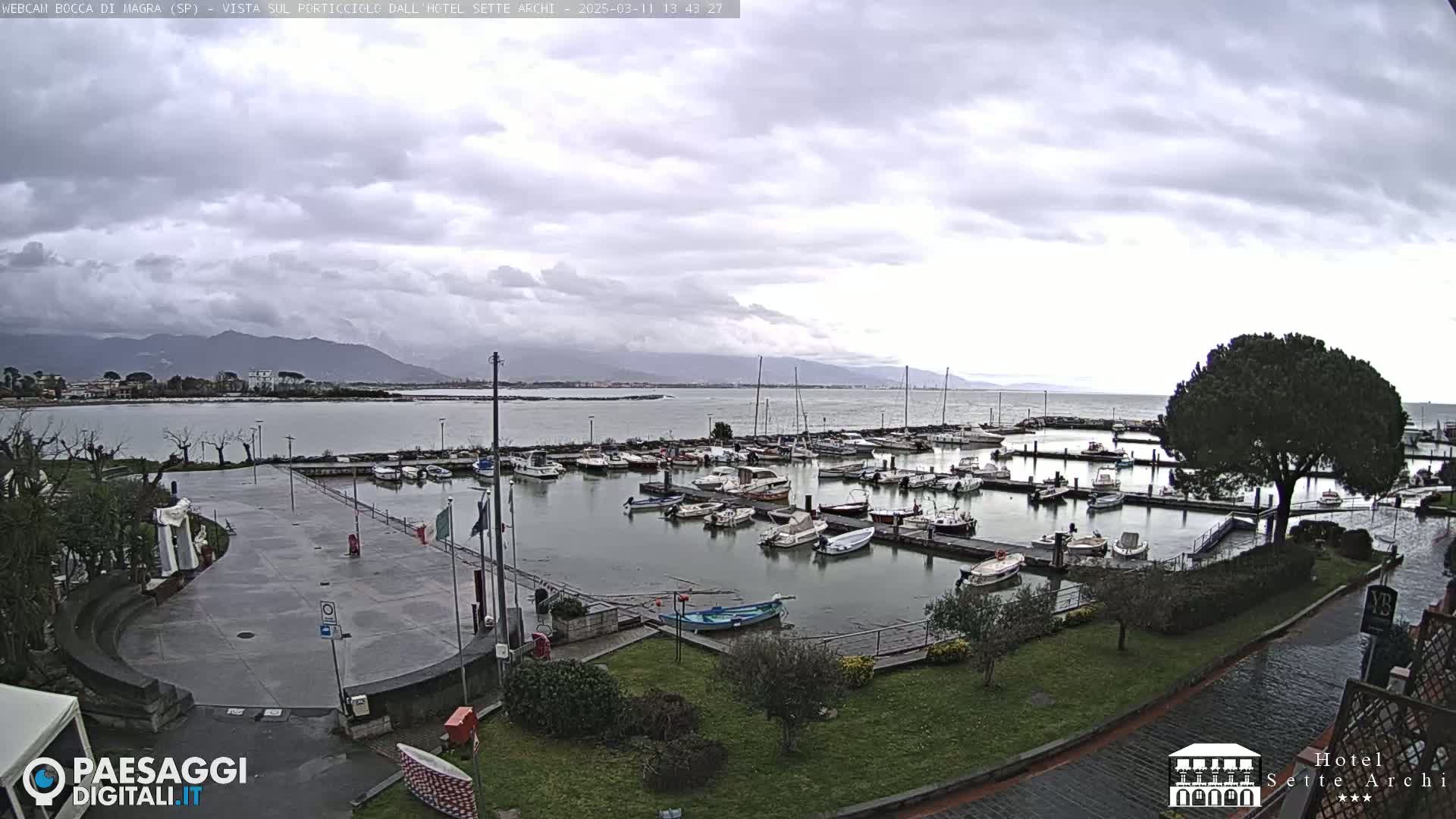 A harbor filled with numerous boats is seen under a cloudy sky, with mountains visible in the distance.