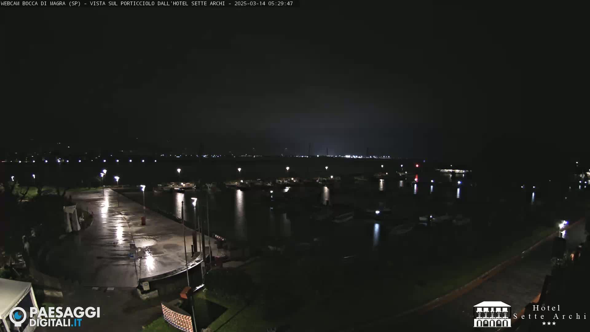A nighttime view of a wet, empty harbor with boats moored, illuminated by streetlights under a dark sky.