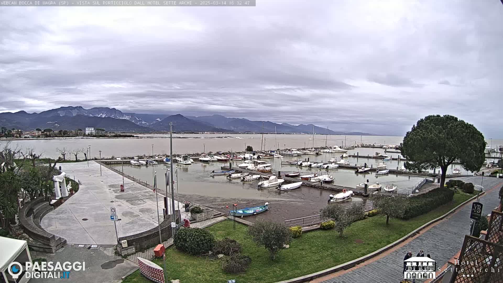 A harbor filled with numerous boats is situated beneath an overcast sky, with mountains visible in the distance.
