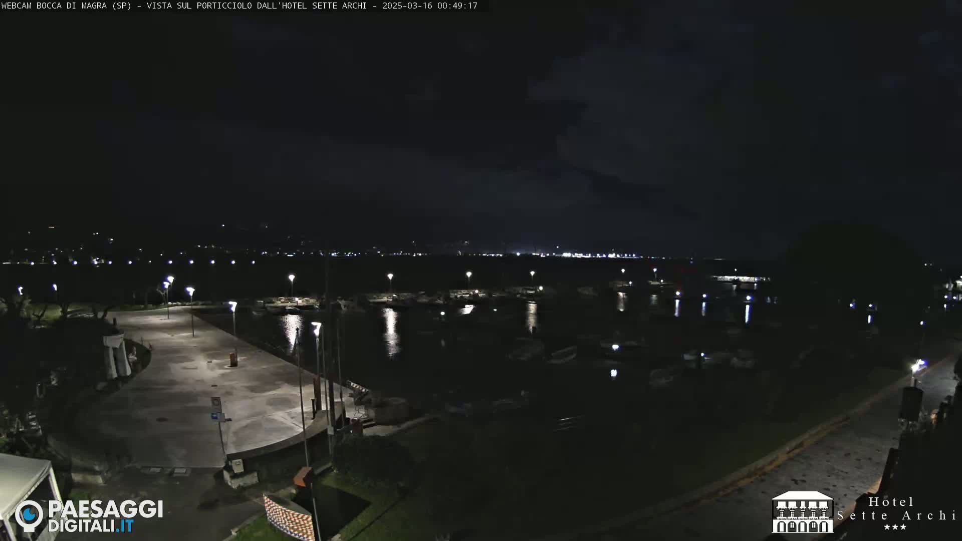 A nighttime view of a marina with numerous boats, illuminated by lampposts, under a partly cloudy sky.