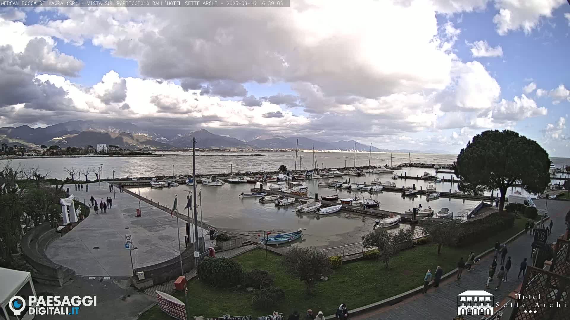 A partly cloudy day overlooks a harbor filled with boats, a paved walkway with people, and green landscaping, with mountains in the distance.