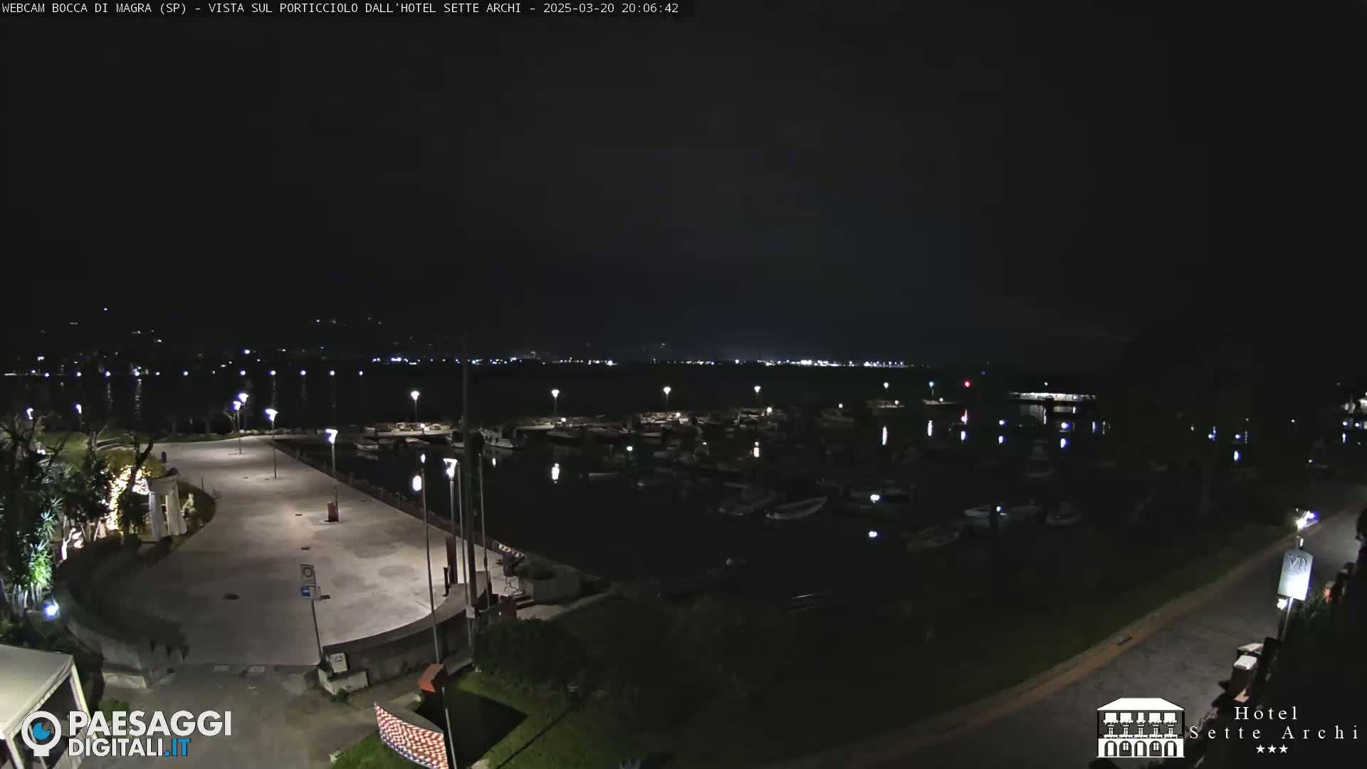 A nighttime view of a marina filled with boats, illuminated by lights, next to a paved waterfront area under a dark sky.
