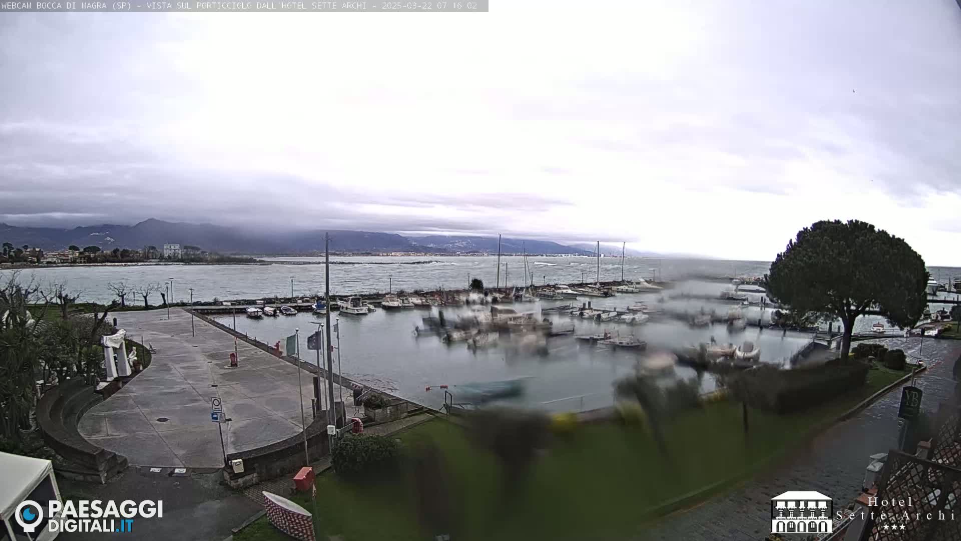 A harbor filled with boats is shown on an overcast day with mountains in the distance.