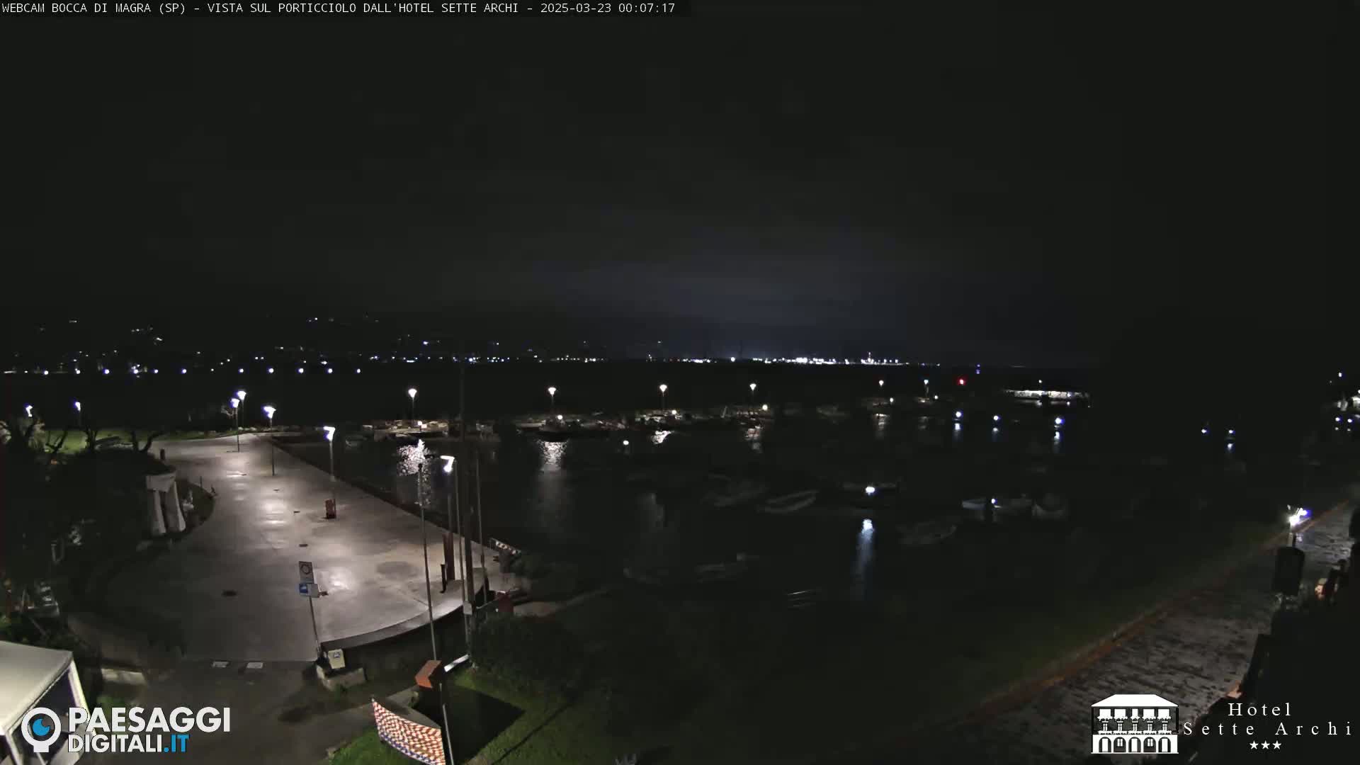 A nighttime view of a harbor filled with boats, illuminated by lights, with a paved area in the foreground.