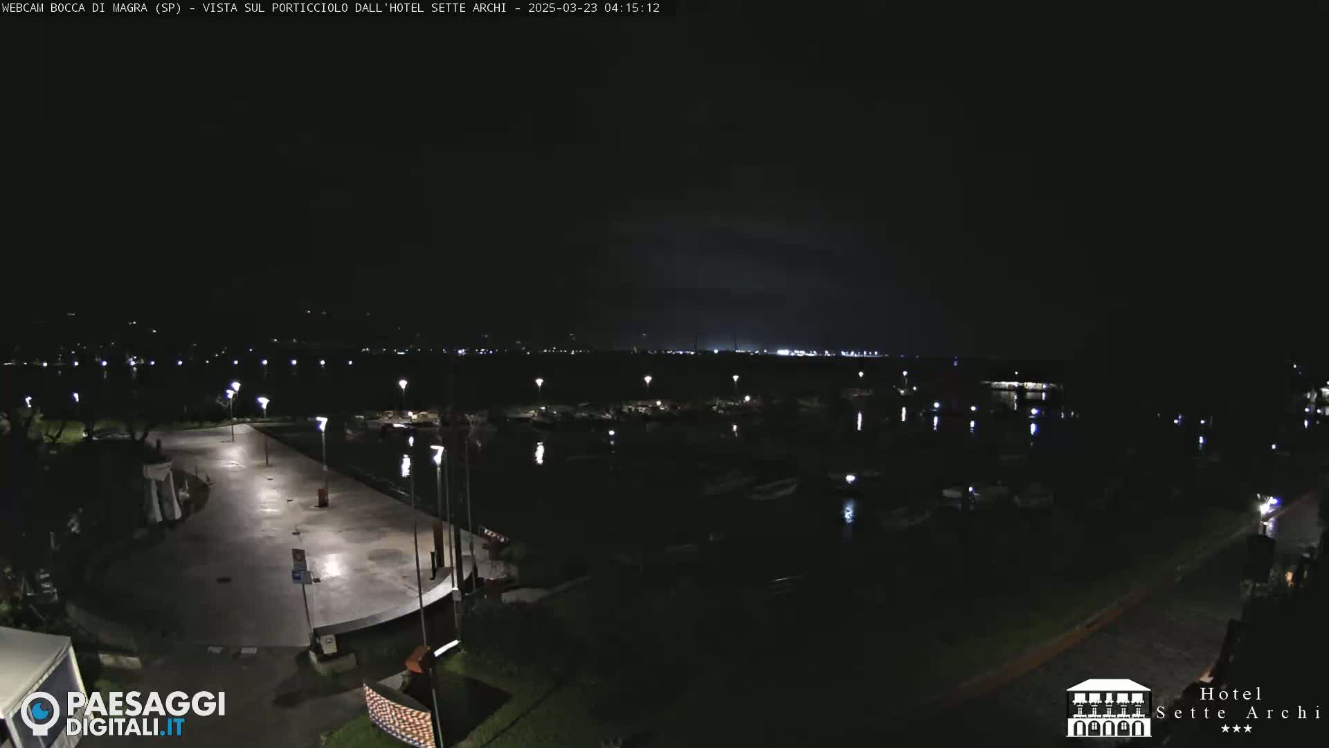 A nighttime view of a harbor with boats and a paved area, illuminated by streetlights under a dark sky.