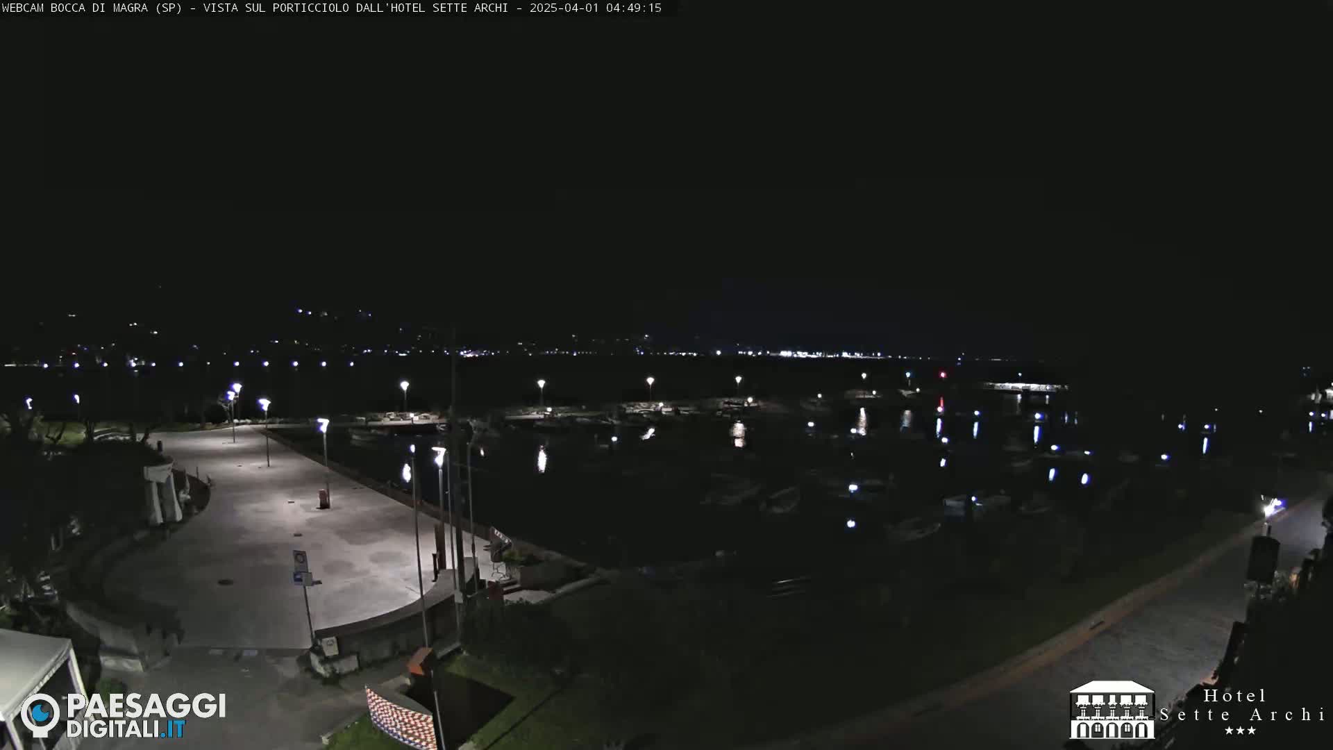 A nighttime view of a marina with numerous boats docked, alongside a paved waterfront area illuminated by lights.