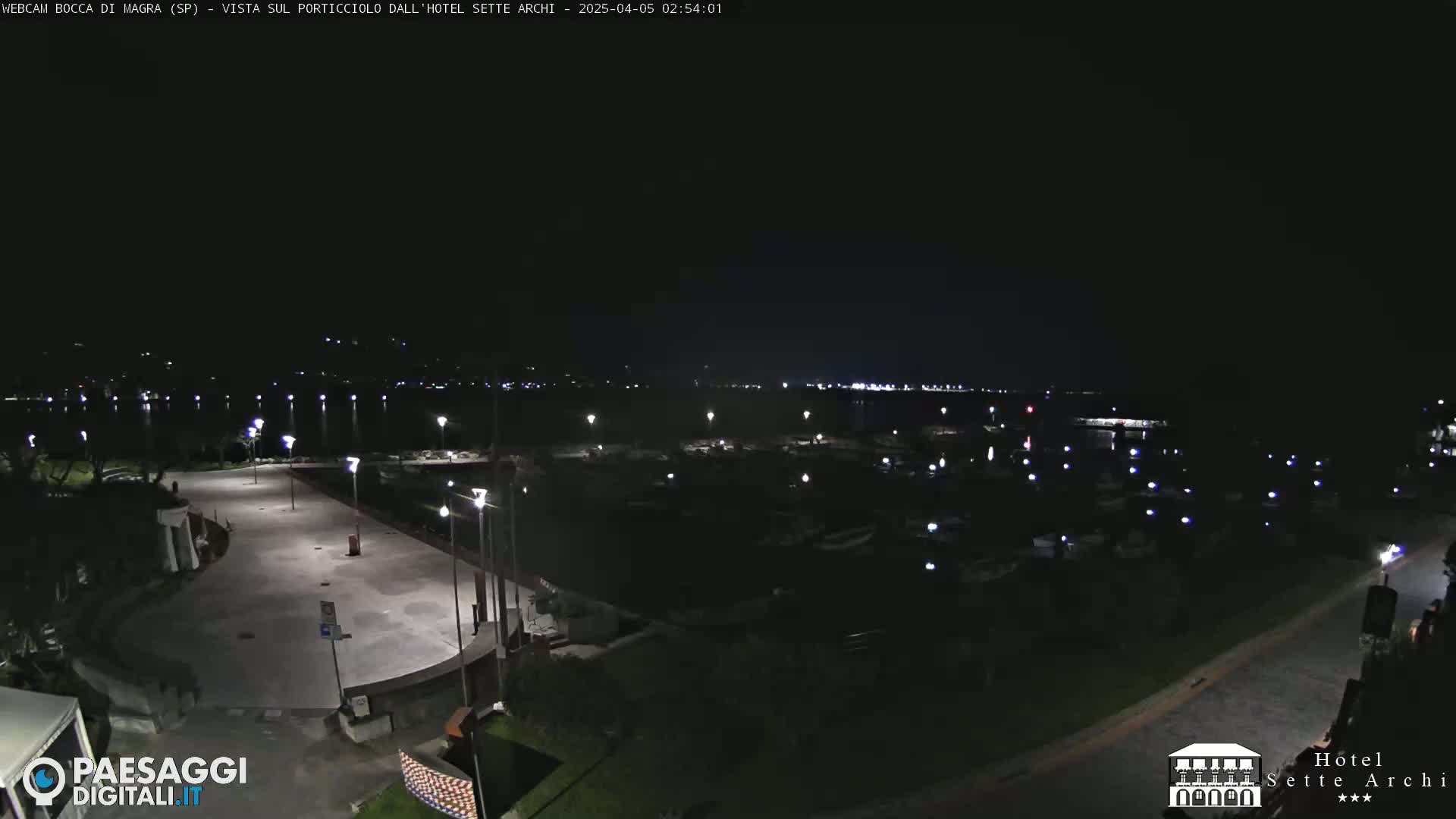 A nighttime view of a marina with numerous boats and surrounding lights, under a clear, dark sky.