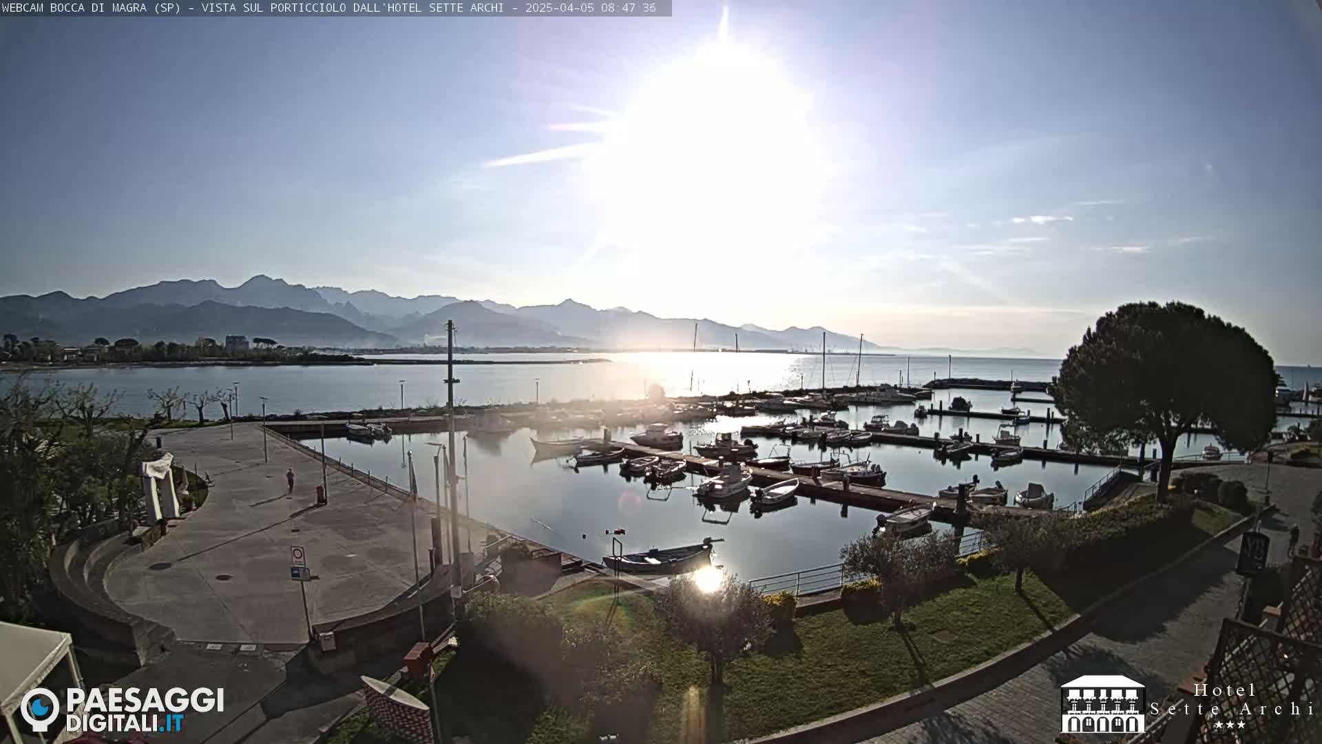 A sunny day overlooking a marina filled with boats, a paved waterfront area, and mountains in the distance.