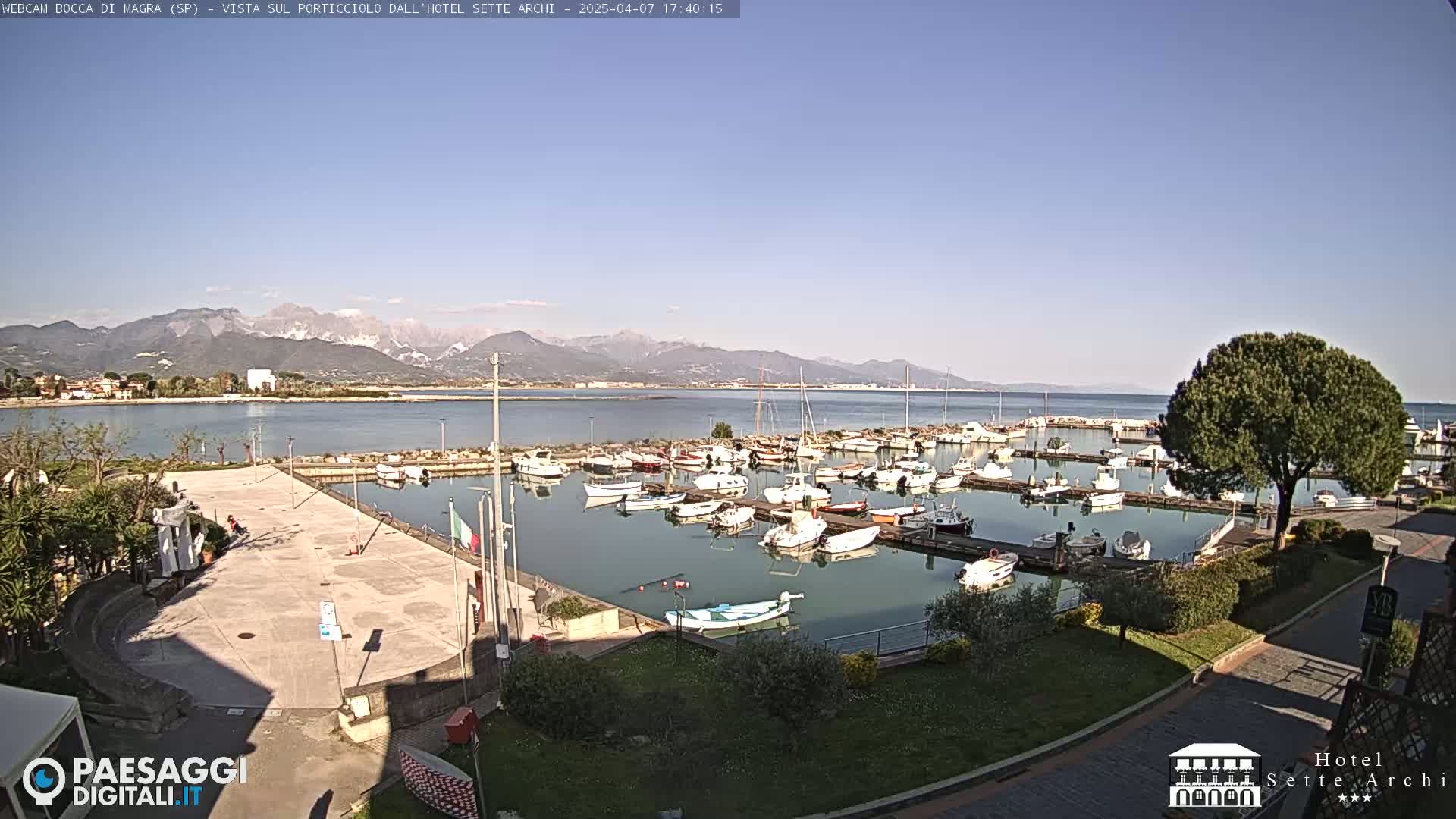 A harbor filled with numerous boats is viewed from an elevated vantage point on a sunny day, with mountains visible in the distance.