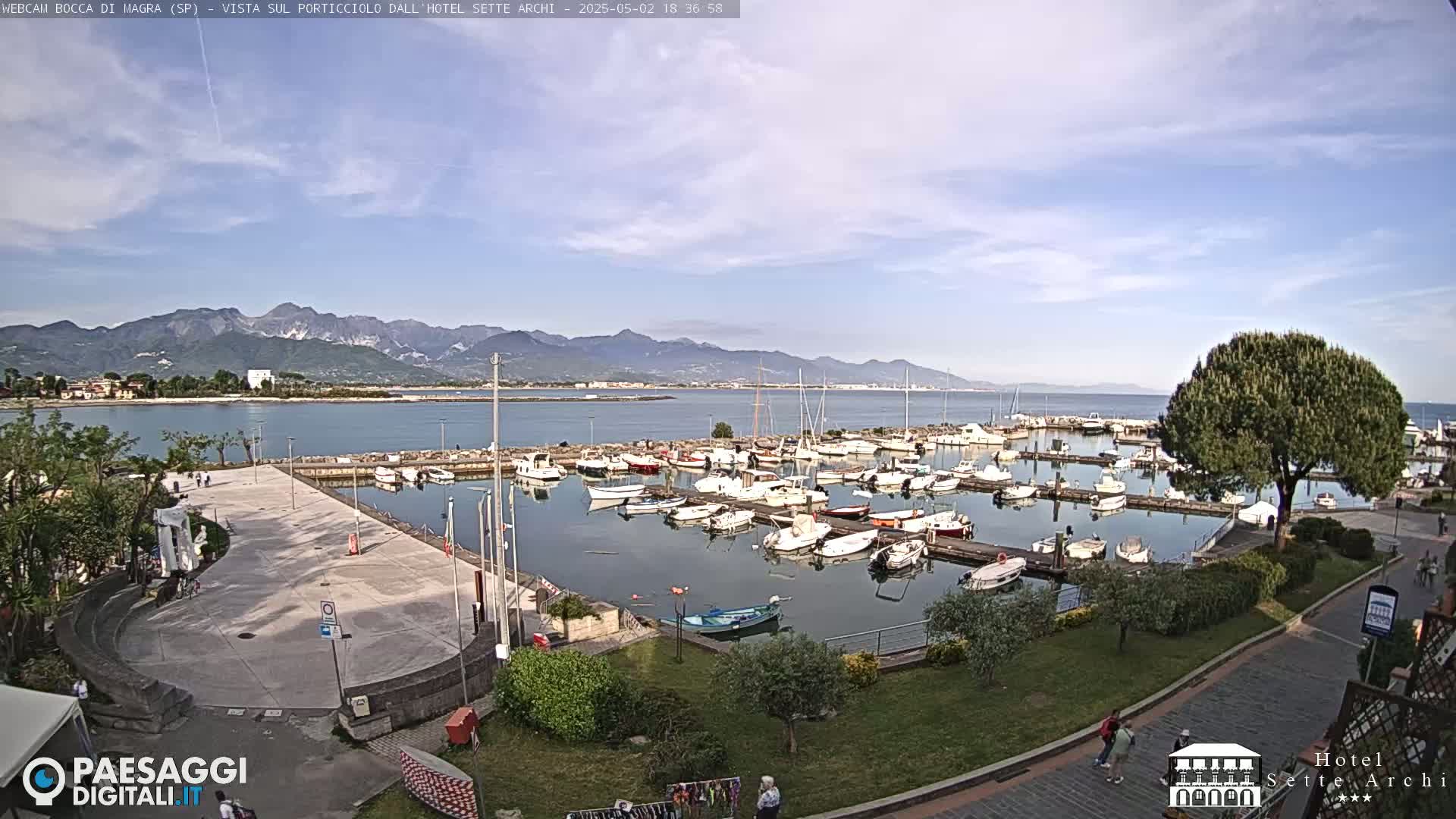 A harbor filled with numerous boats is situated near a paved walkway and green space, with mountains visible in the background under a mostly clear sky.