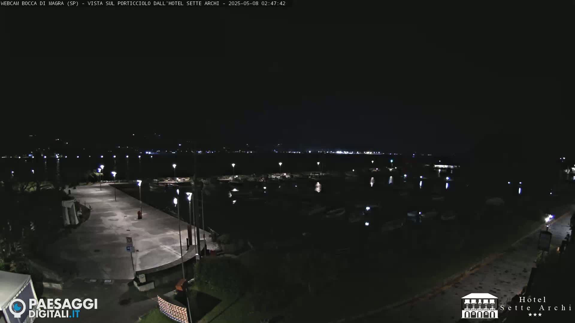 A nighttime view of a harbor filled with boats, a paved waterfront area with lights, and a dark sky.