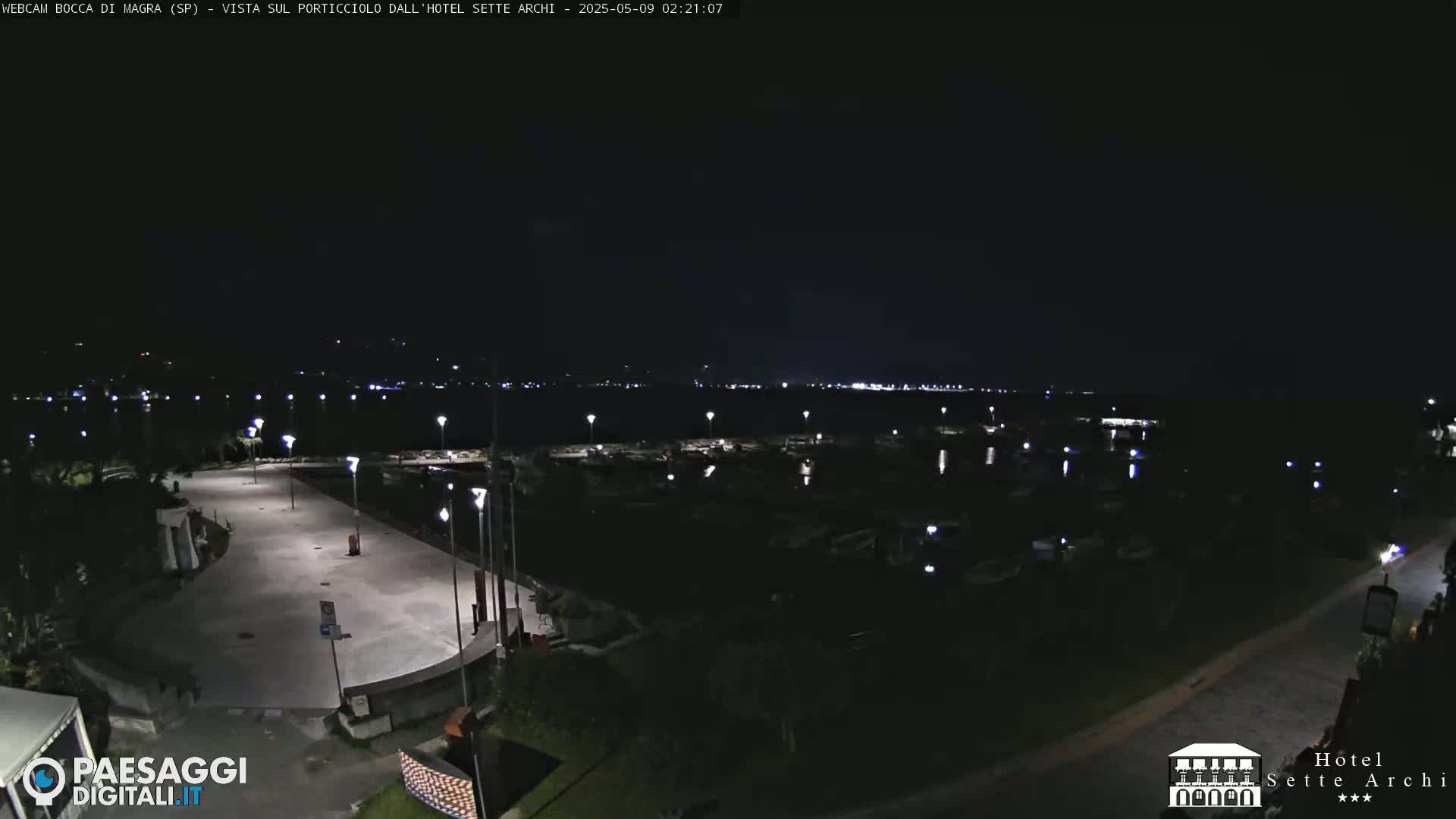 A nighttime view of a marina with boats and surrounding paved areas, lit by lamps under a clear, dark sky.