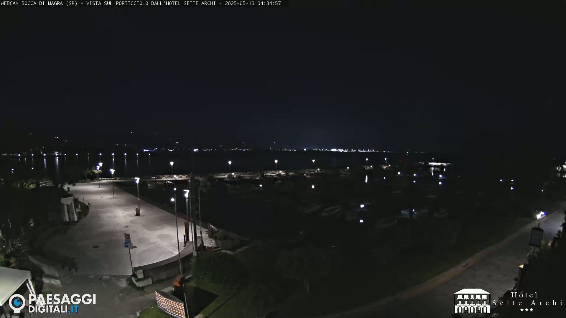 A nighttime view of a harbor with a paved waterfront area and many lights, under a dark, clear sky.