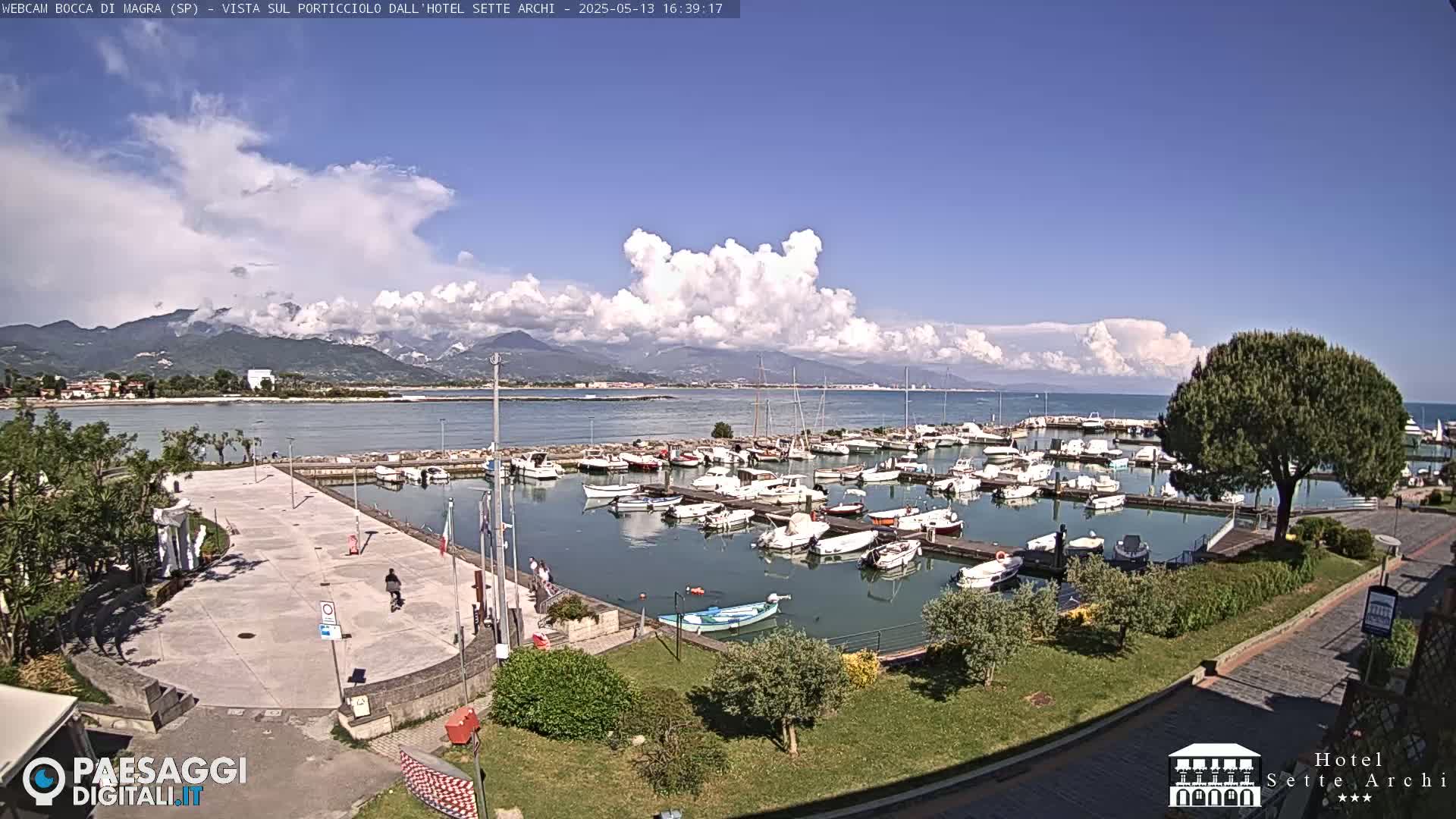 A marina filled with numerous boats is situated near a paved area and lush green landscaping, all under a partly cloudy sky with mountains in the distance.