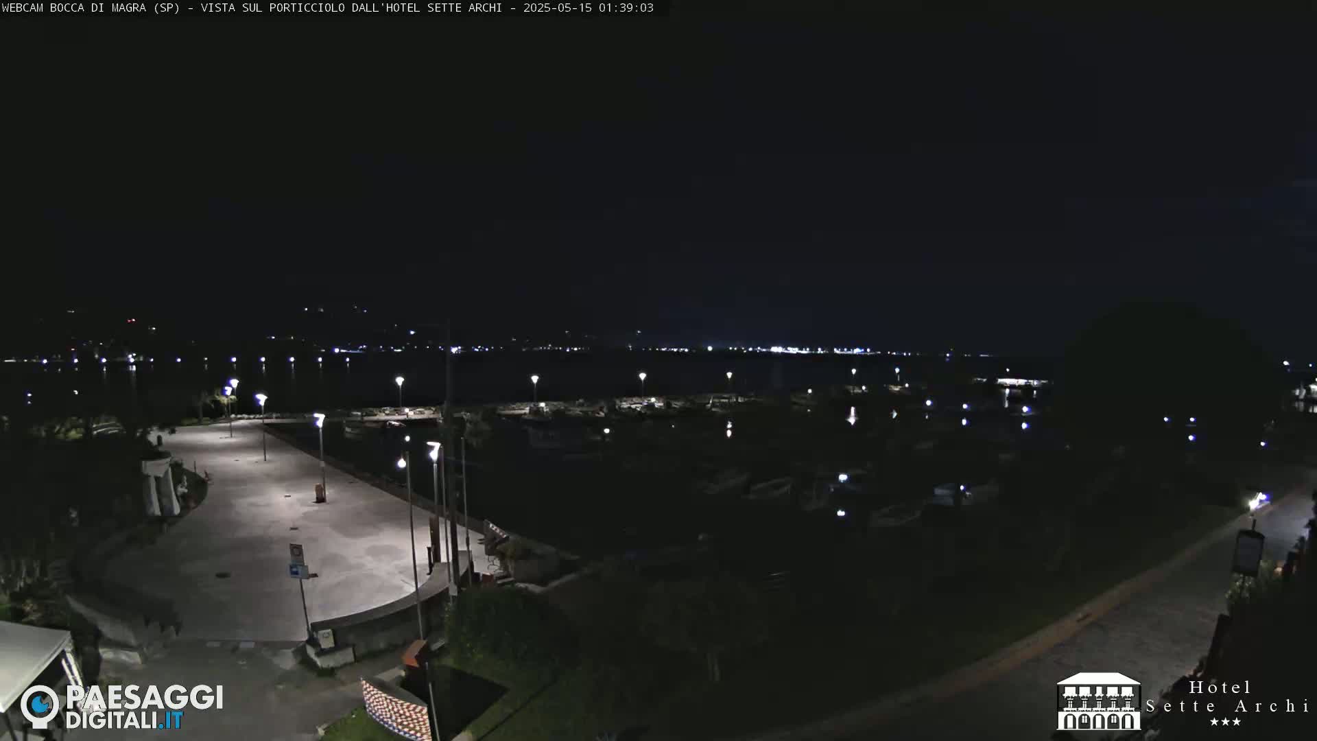 A dark, nighttime view of a marina with boats and a paved waterfront area, illuminated by streetlights.