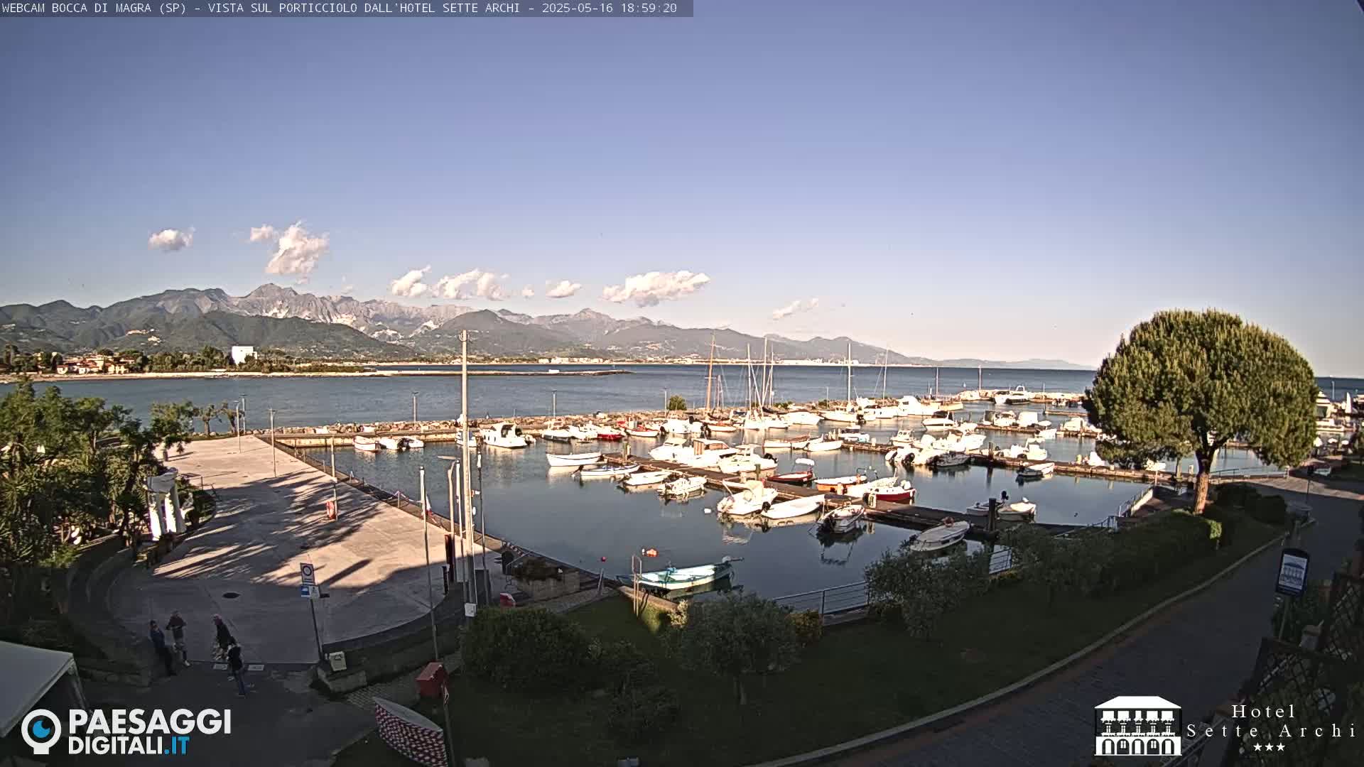 A harbor filled with numerous boats is situated near a paved area with people walking, all under a mostly clear sky with a mountain range visible in the distance.