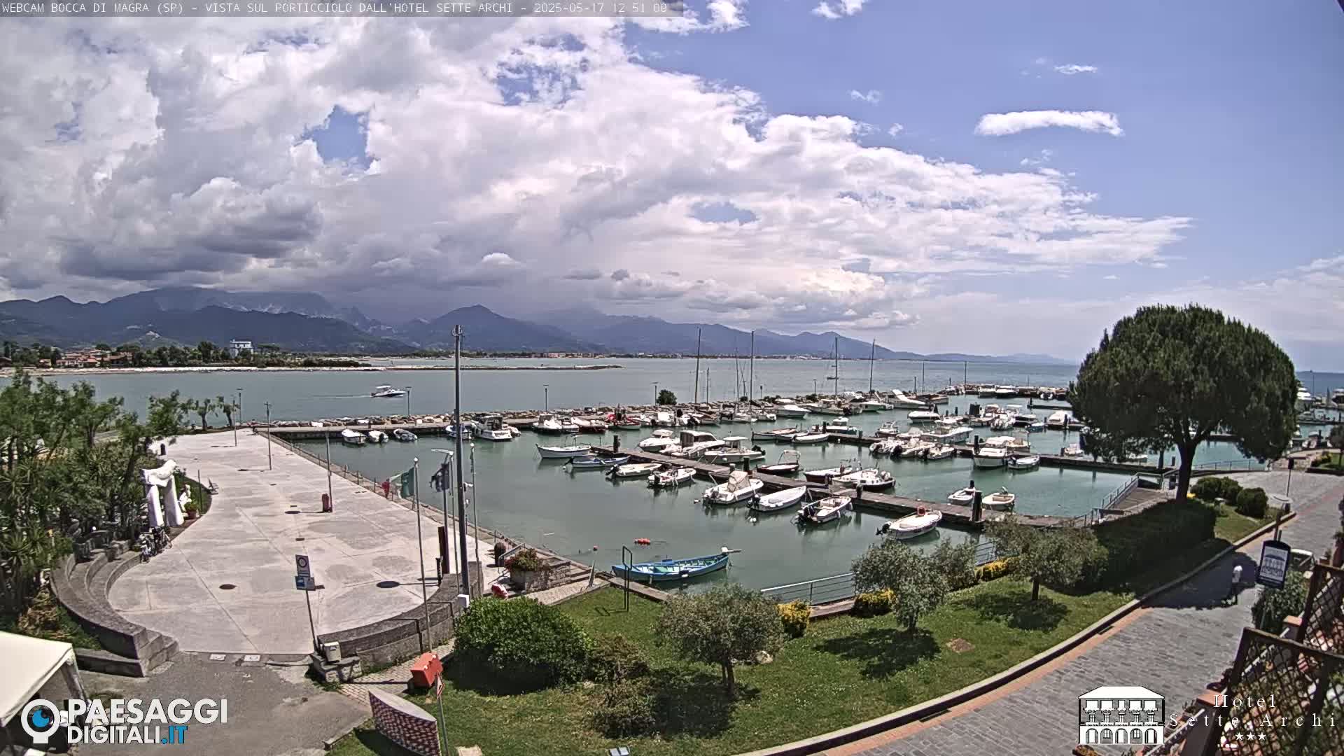 A marina filled with numerous boats is situated near a paved plaza and lush green landscaping, all under a partly cloudy sky with mountains visible in the distance.