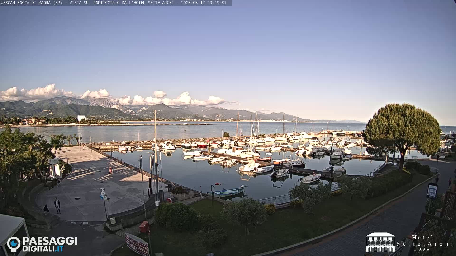 A marina filled with boats is situated near a paved area and green space, with mountains in the background under a mostly clear sky.